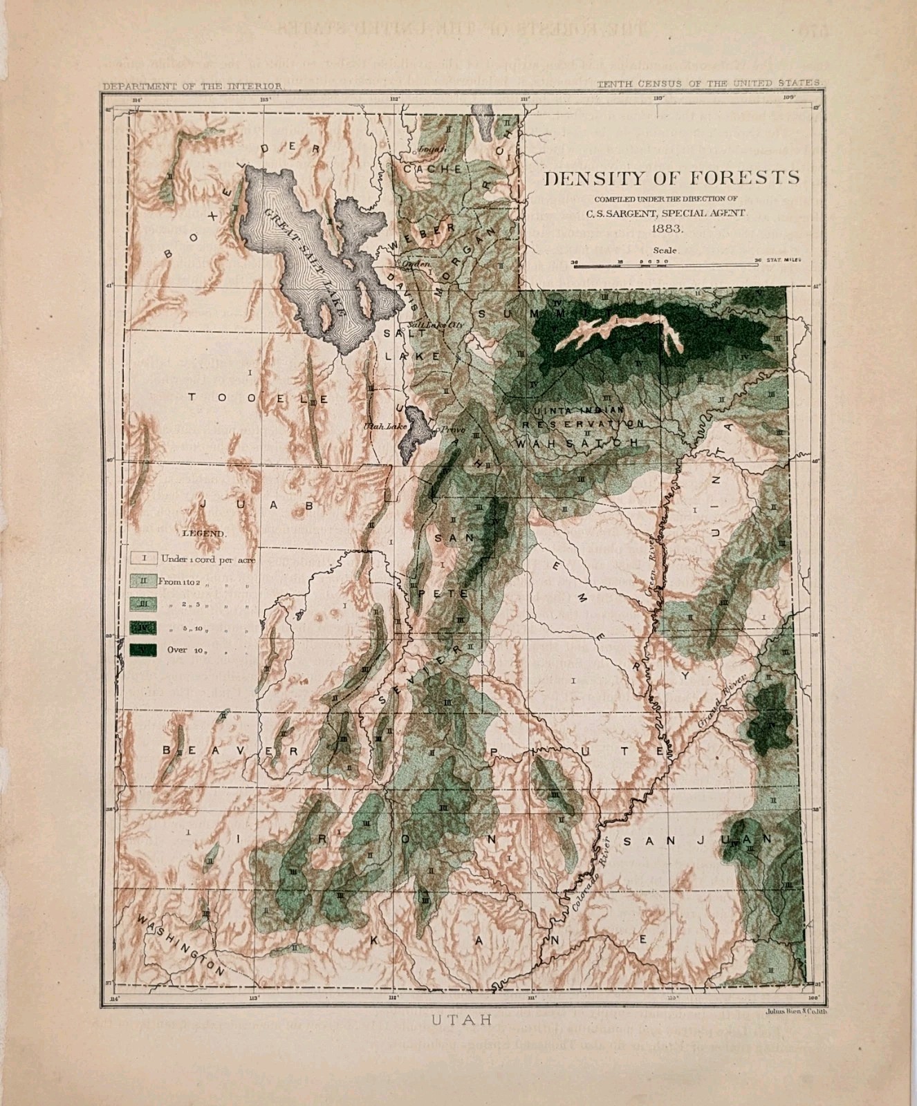 1883 UTAH Map ORIGINAL Forests LUMBER INDUSTRY Salt Lake Wasatch Mountains