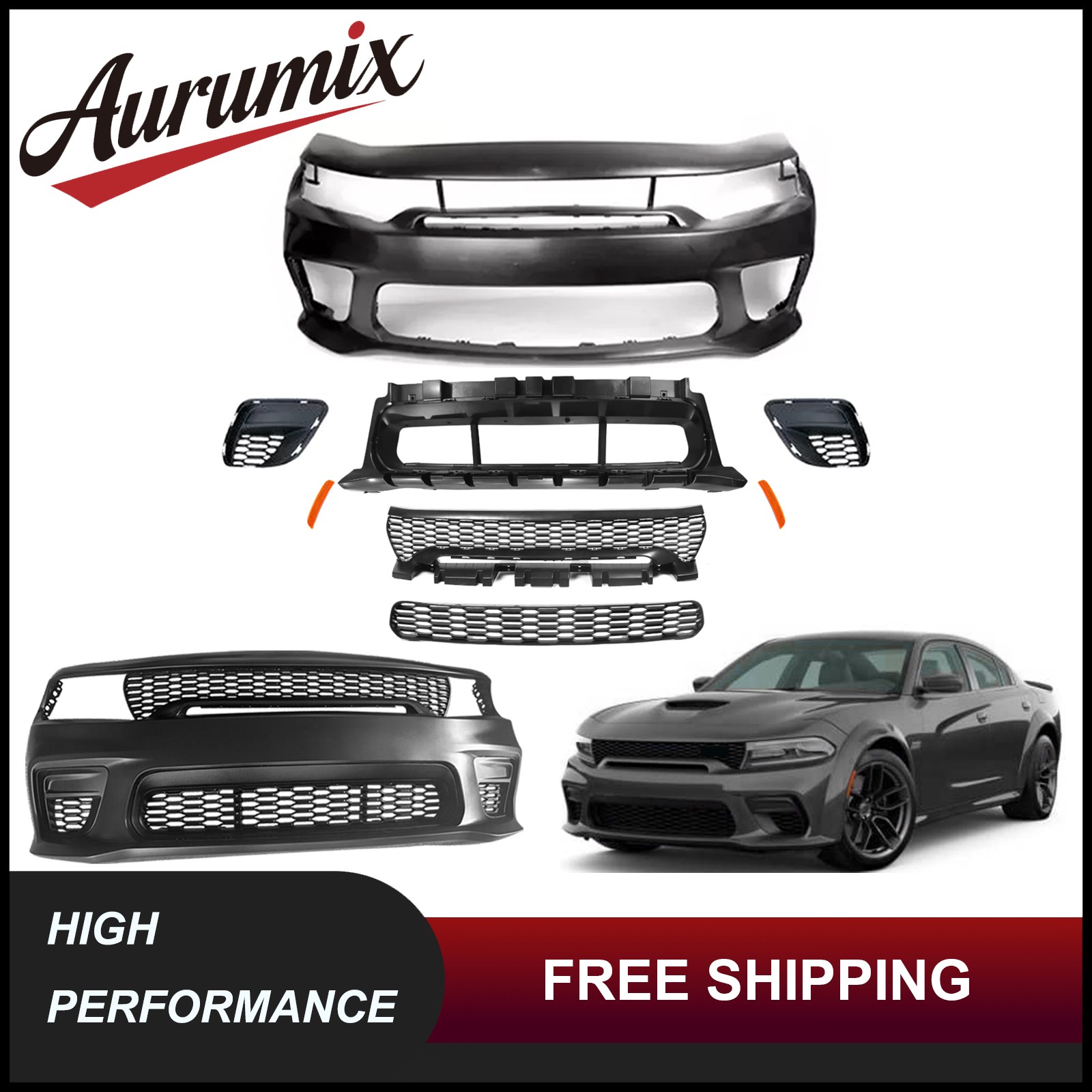 Fits 2015-2023 Dodge Charger NO-Wide Body Front Bumper Full Kit with Side Mark Fits 2015-2023 Dodge Charger NO-Wide Body Front Bumper Full Kit with Side Mark