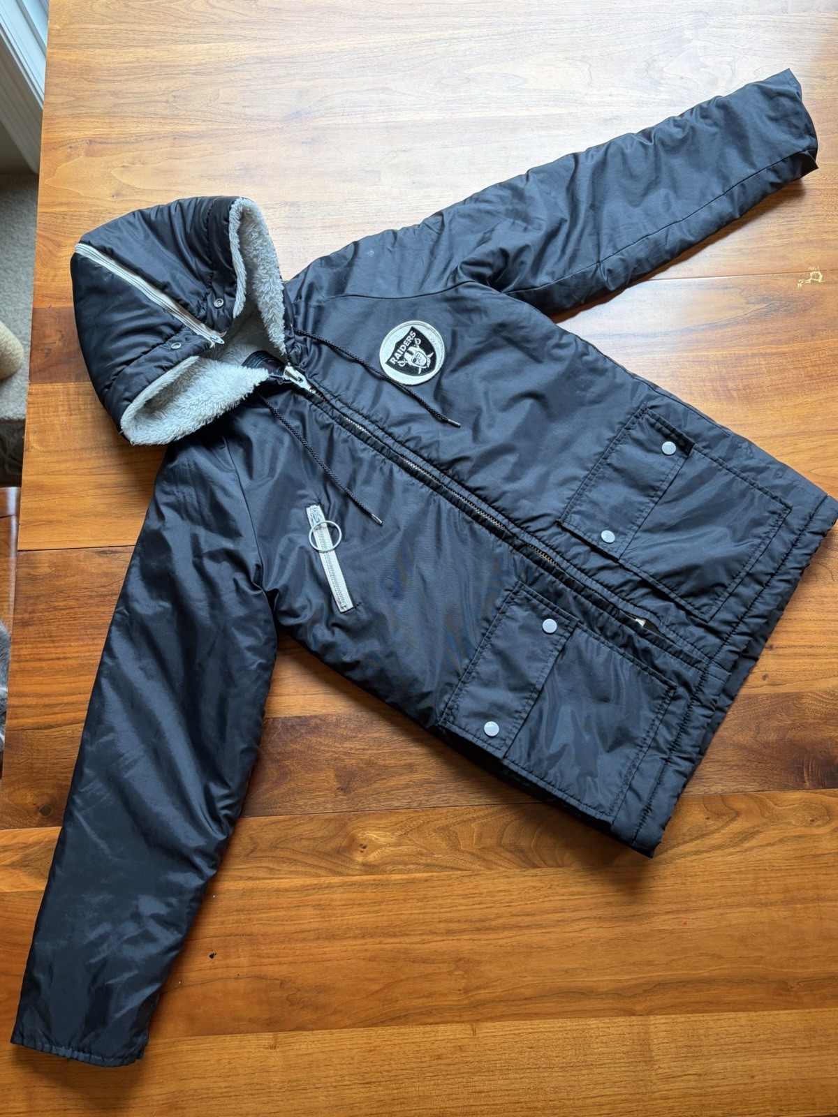 Vintage 70s 80s Sears NFL Raiders Hooded Parka Sherpa Lined Womens S Mens XS 