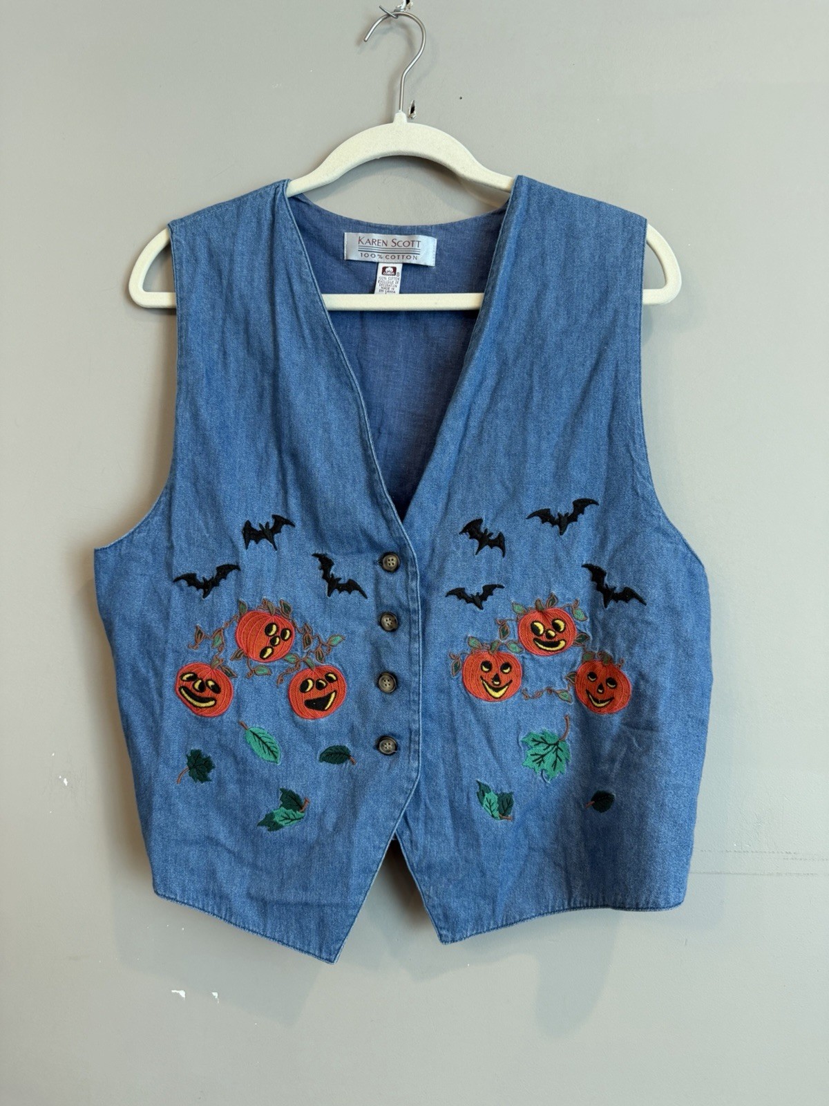 Karen Scott Embroidered Vintage 90s Kitschy Halloween Denim Vest Bats Petites L