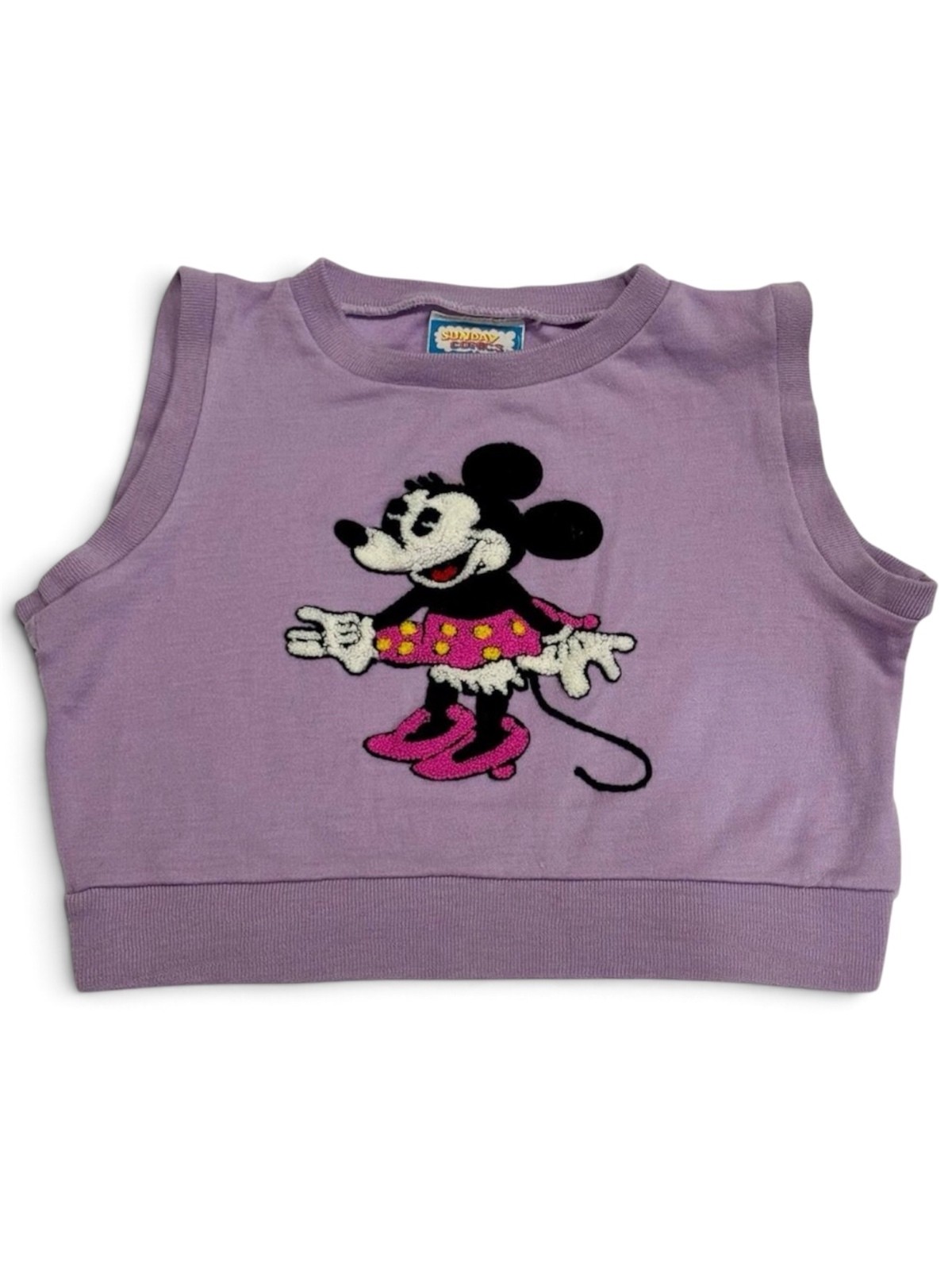 Vintage 80s Minnie Mouse Chenille Sweater Vest Lavender Micro Crop XS