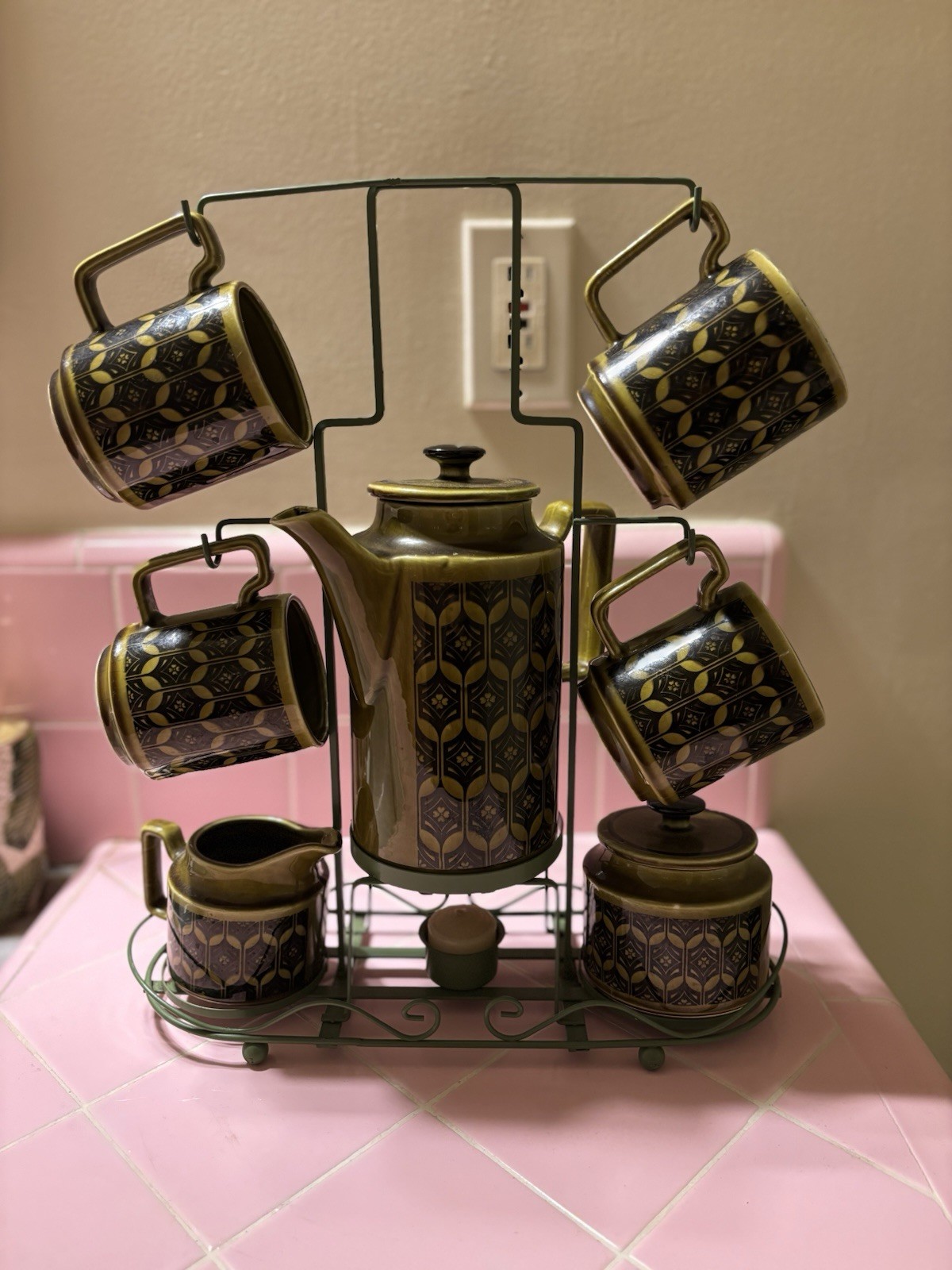 Vintage Royal Sealy Coffee Pot Set 4 Mugs Cream & Sugar Bowl/Stand MCM Green