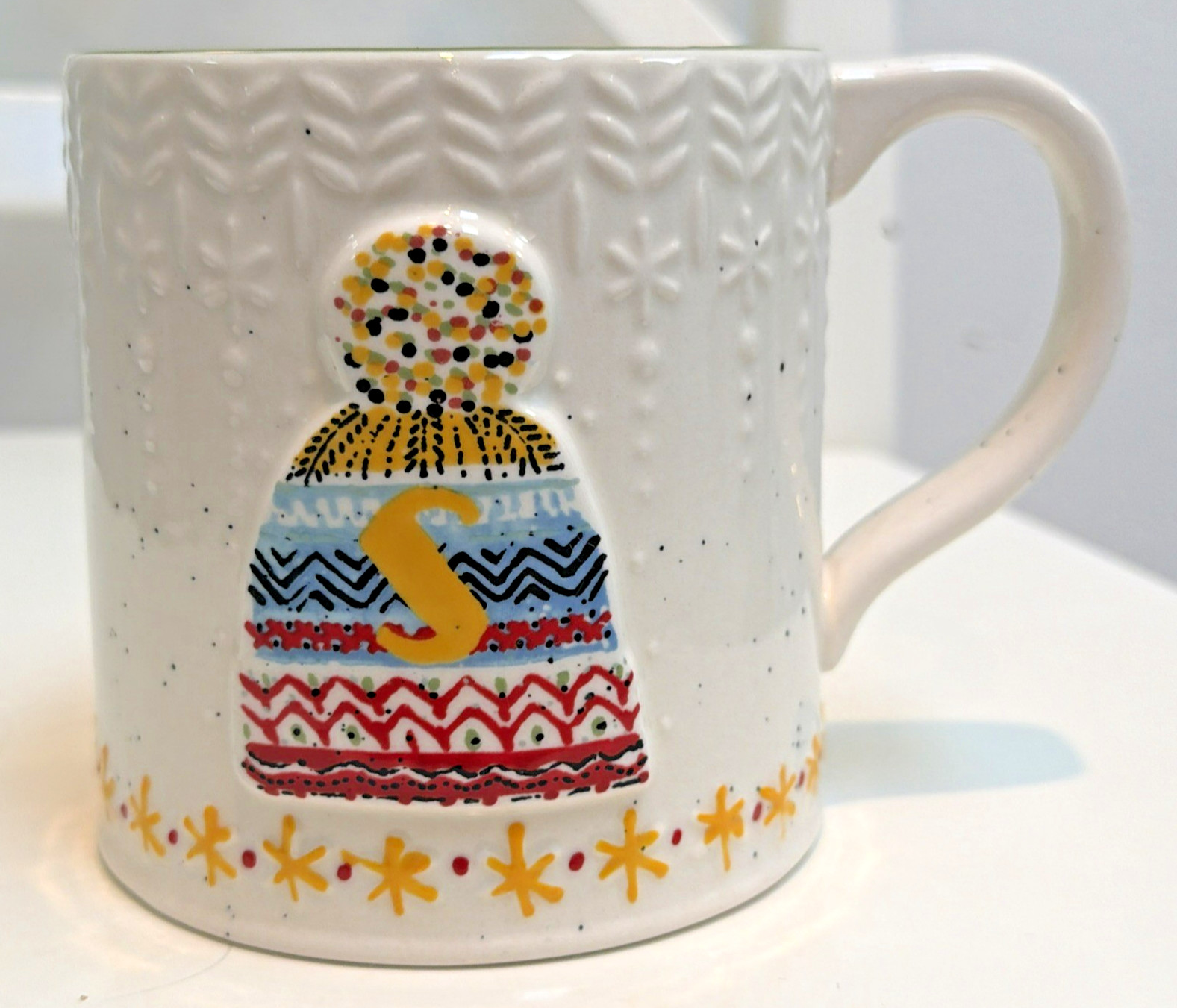 Anthropologie BUNDLED UP Monogram Letter S Coffee Mug Winter Large Tea Cup