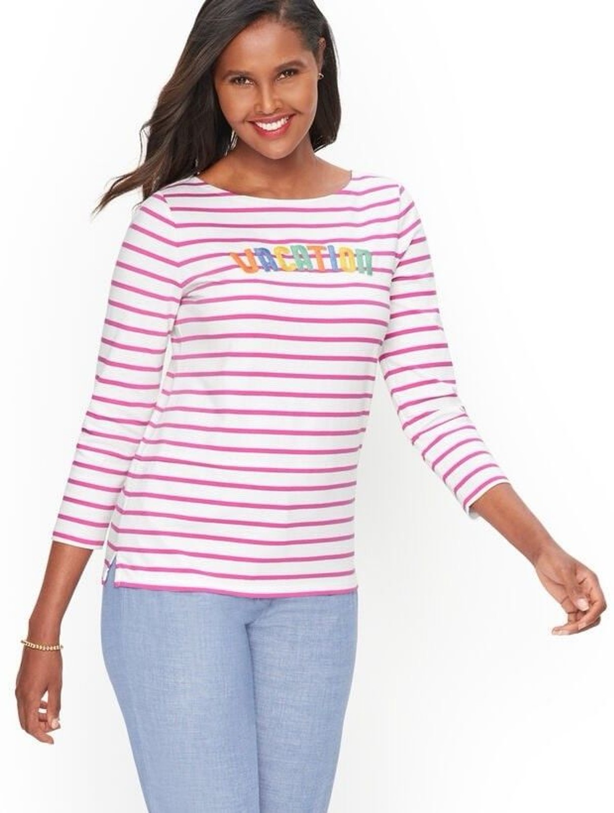 Talbots Authentic Talbots Tee Vacation Stripe Pink White 100% Cotton 1X Preppy