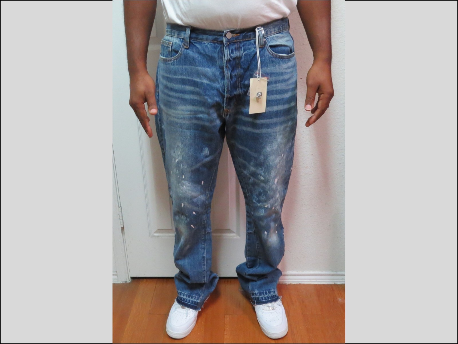 NEW Sz 38 MNML Flare Stacked Hem Men’s Paint Splatter Blue Jeans