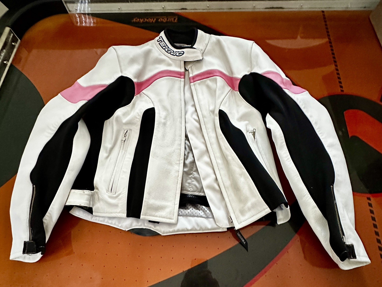 RARE Teknic Leather Motorcycle Jacket Womens Sz 12 Leather White Pink Moto RARE Teknic Leather Motorcycle Jacket Womens Sz 12 Leather White Pink Moto
