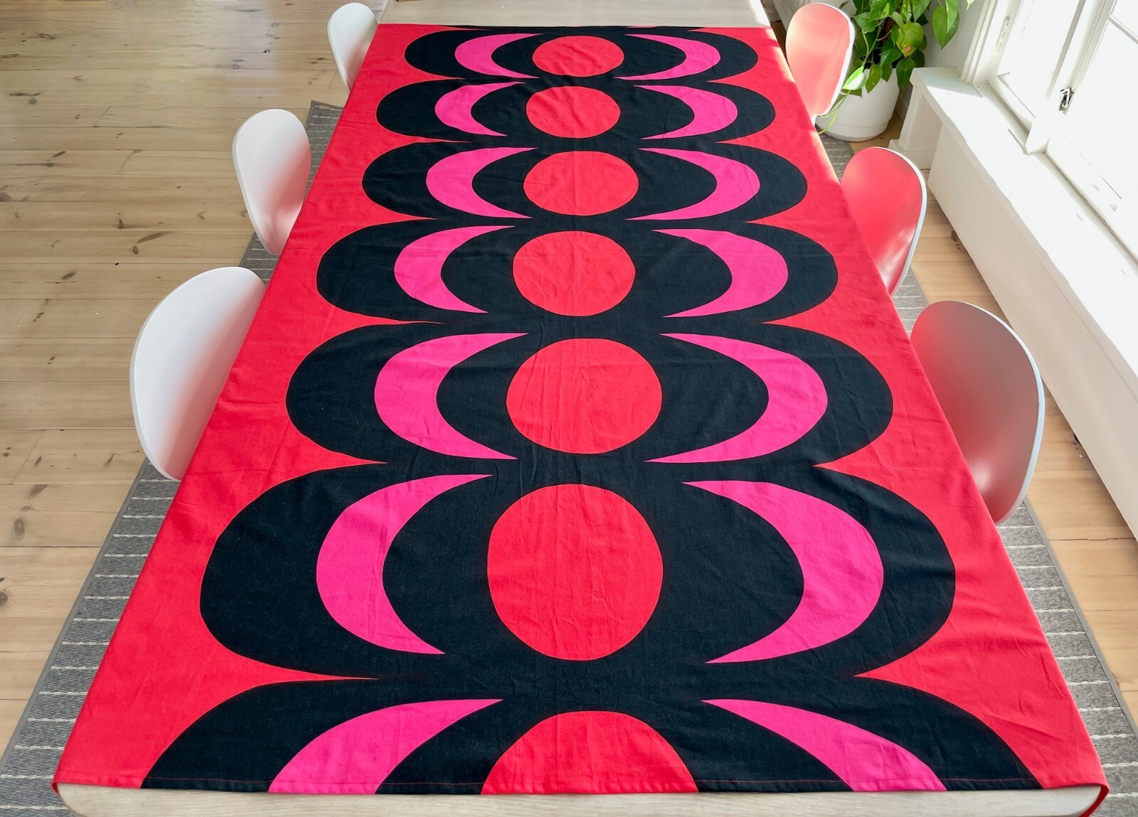 Vintage Marimekko Kaivo Fabric Tablecloth, Red Geometric Curtain or Wall Hanging