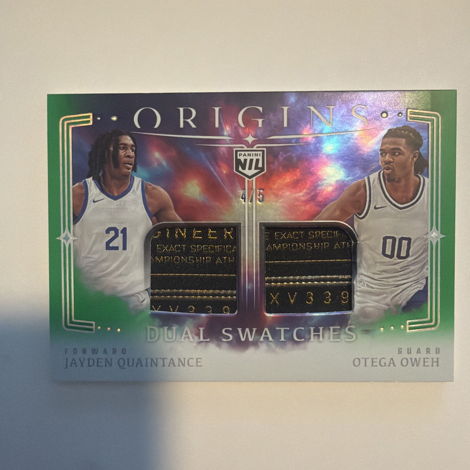 2025-26 Panini Origins Jayden Quaintance & Otega Oweh Dual Swatches Green 4/5 2025-26 Panini Origins Jayden Quaintance & Otega Oweh Dual Swatches Green 4/5
