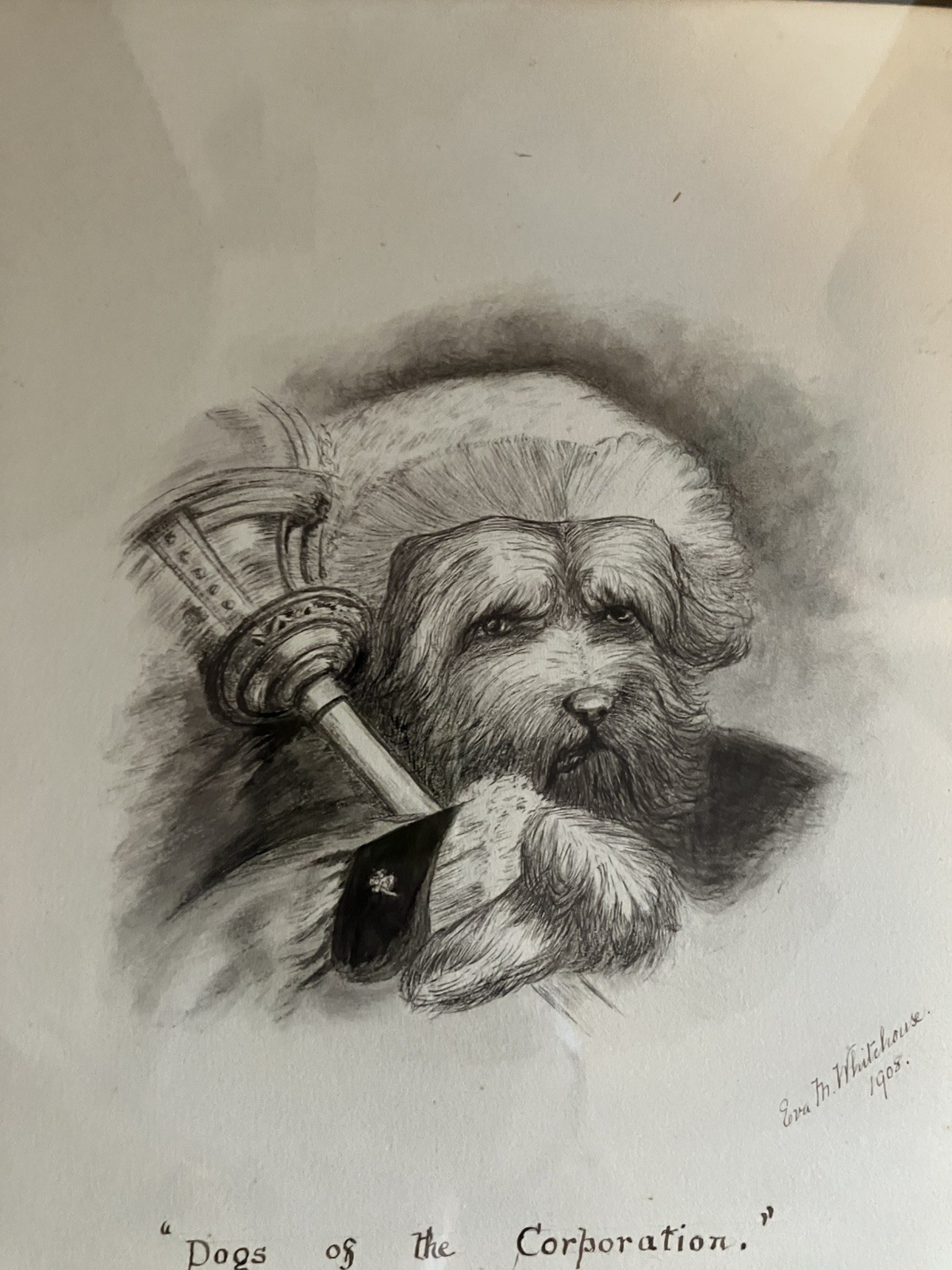 Wonderful dressed dog pencil drawing. Signed 1908 antique framed