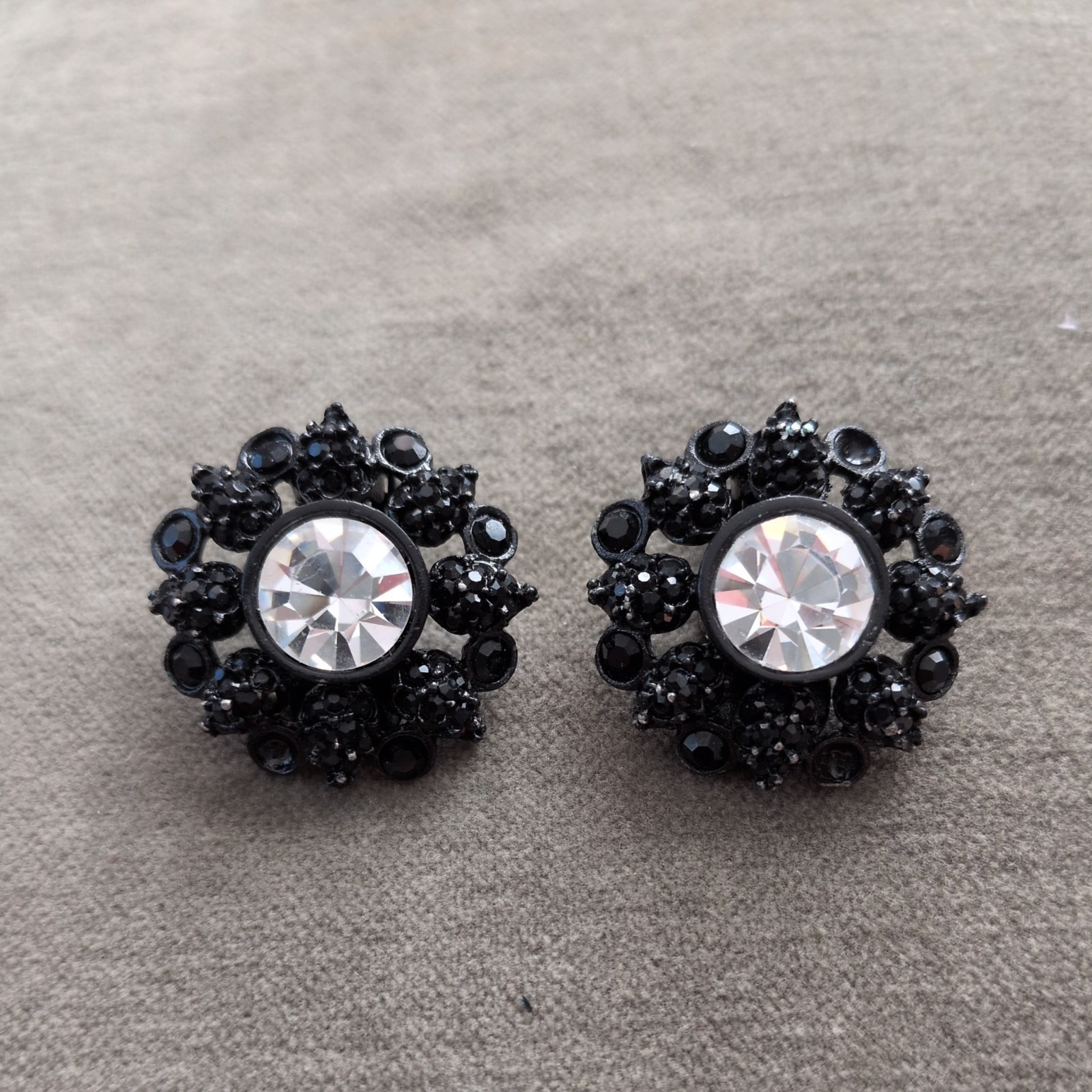 Vtg St John Black Clip On Statement Earrings Round Art Deco Missing 3 Stone READ