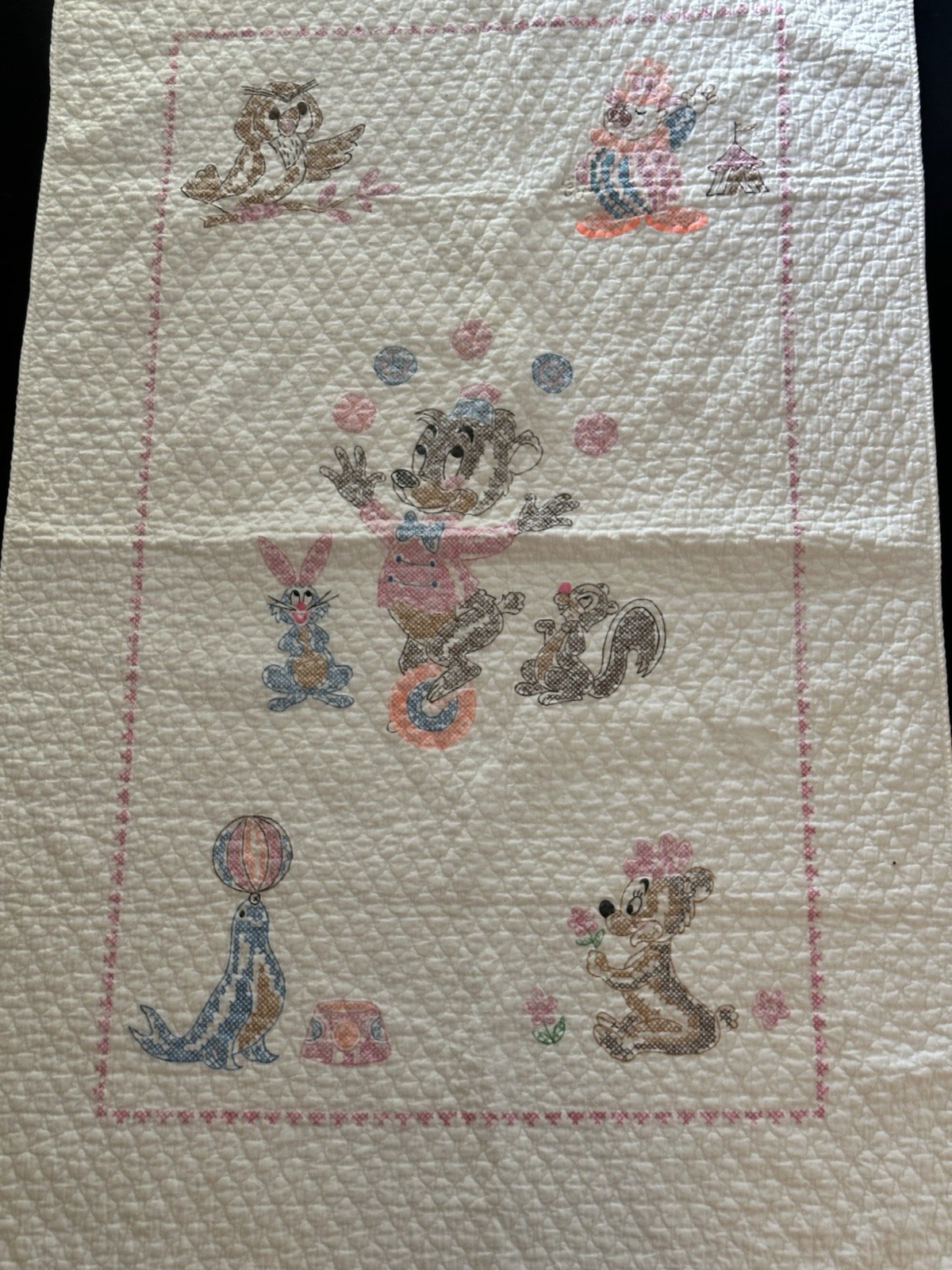 Vtg 1970s Factory Stamped Circus Theme Nursery Crib Quilt Blanket 33