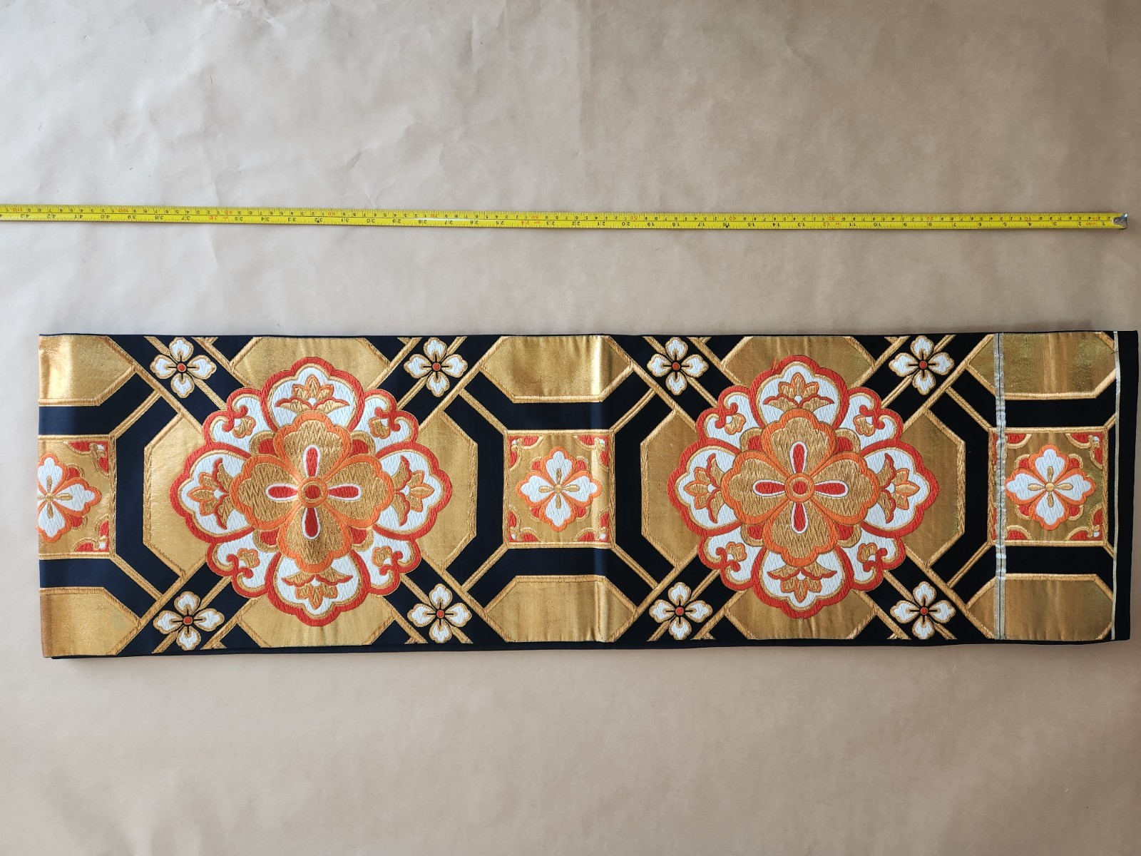 Vintage Japanese Fukuro Obi Black Gold Floral Geometric Kimono Sash 170in