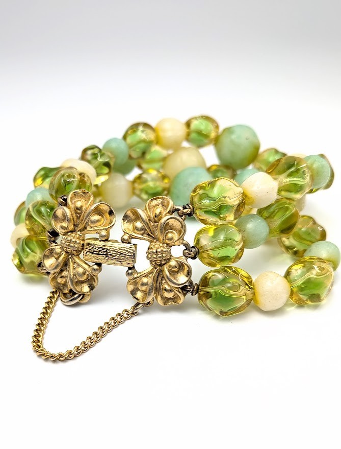Vintage Signed Schiaparelli Multi Strand Bracelet Green Glass Gold Tone 6.5