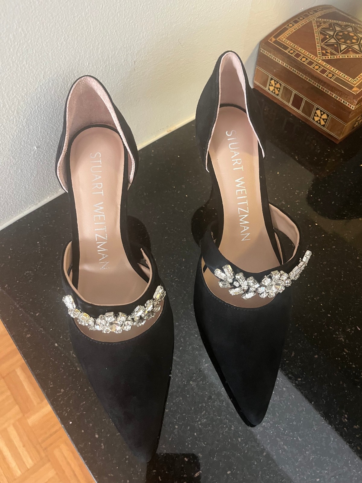 Stuart Weitzman Black Suede Crystal D’Orsay Pumps 36.5 – Runs Large