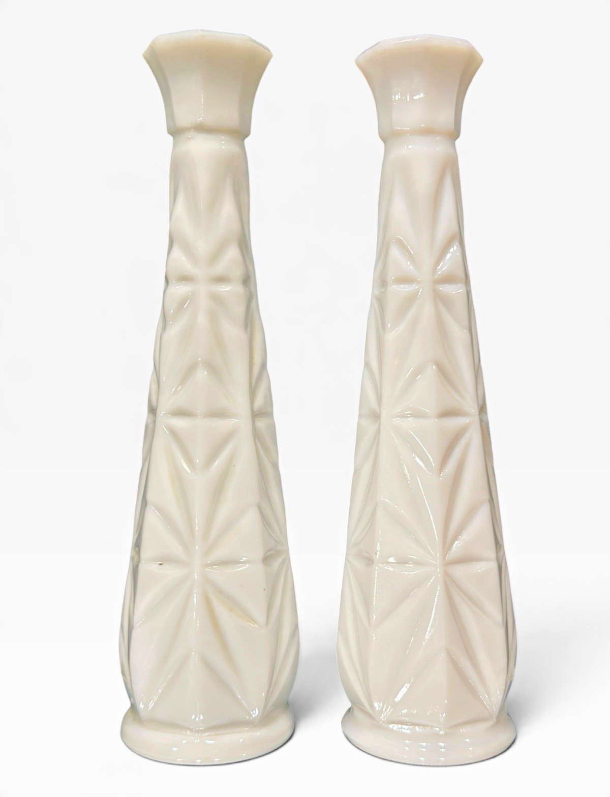 Vintage White Milk Glass Bud Vases Geometric Starburst 9” Pair Set of 2 MCM