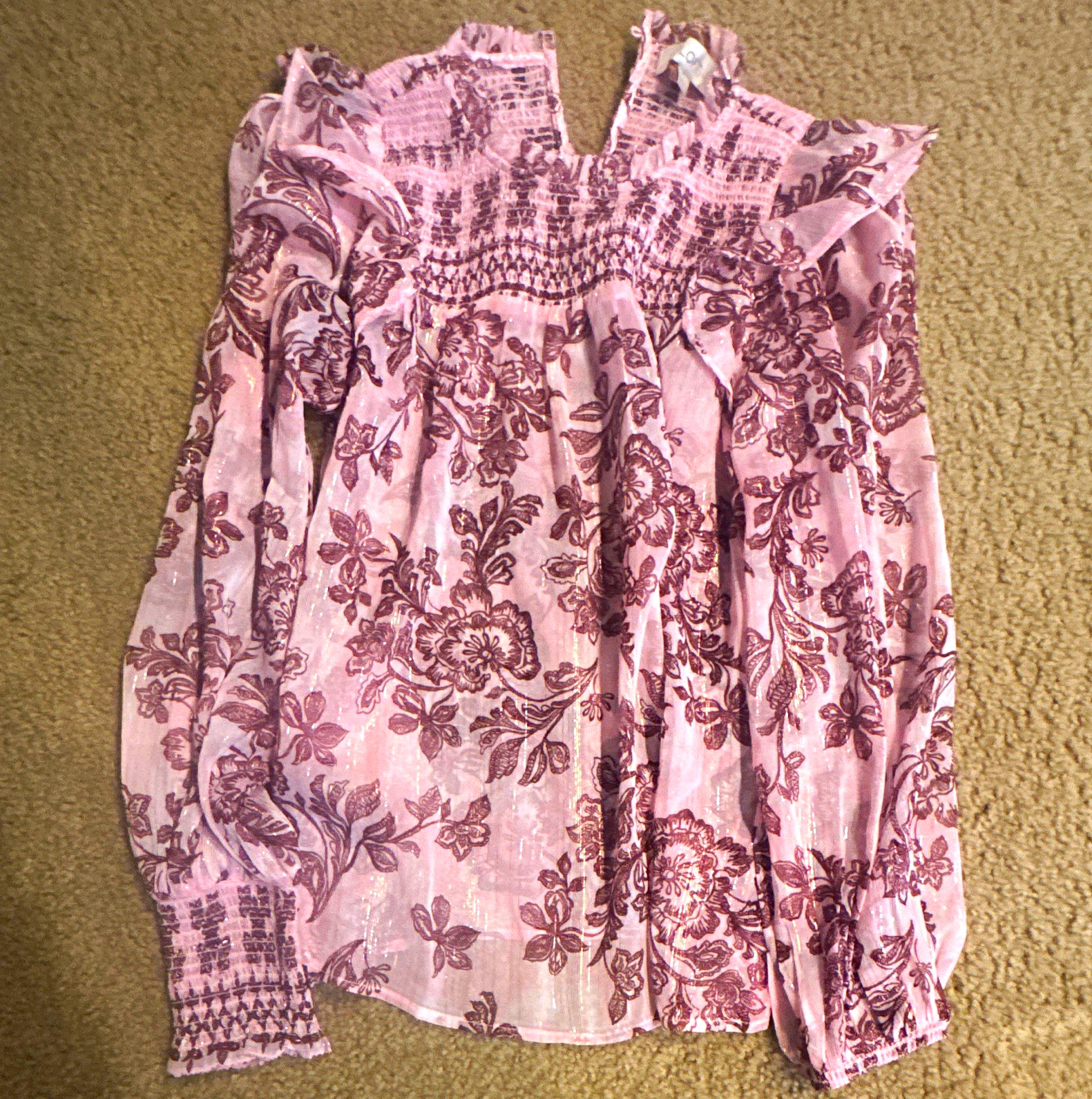 LOFT Pink Purple Floral Smocked Long Sleeve Blouse Top Women\'s Petite PXS LOFT Pink Purple Floral Smocked Long Sleeve Blouse Top Women\'s Petite PXS