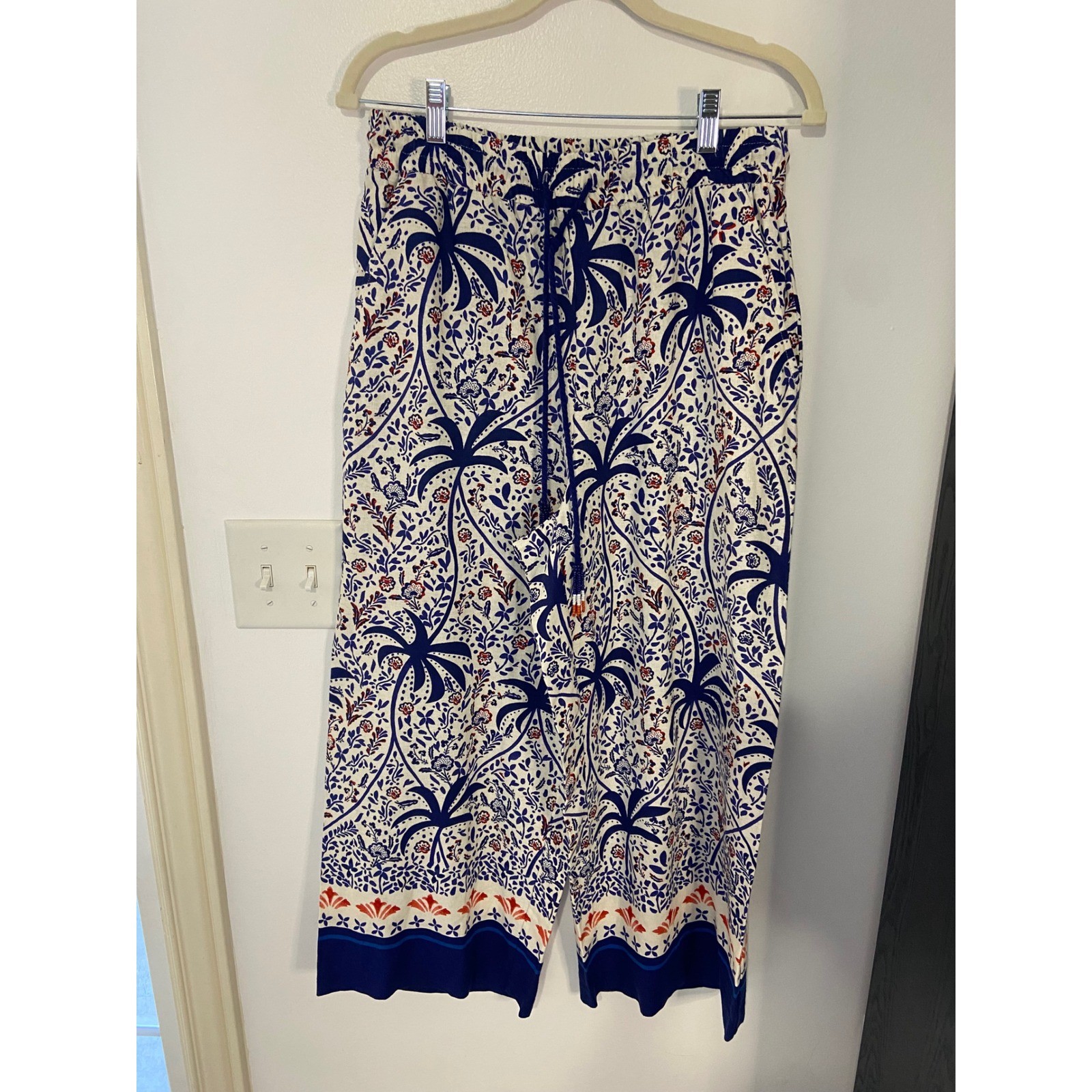 Joie Blue White Palm Tree Print Wide Leg Cropped Pants Size M Beaded Tassels