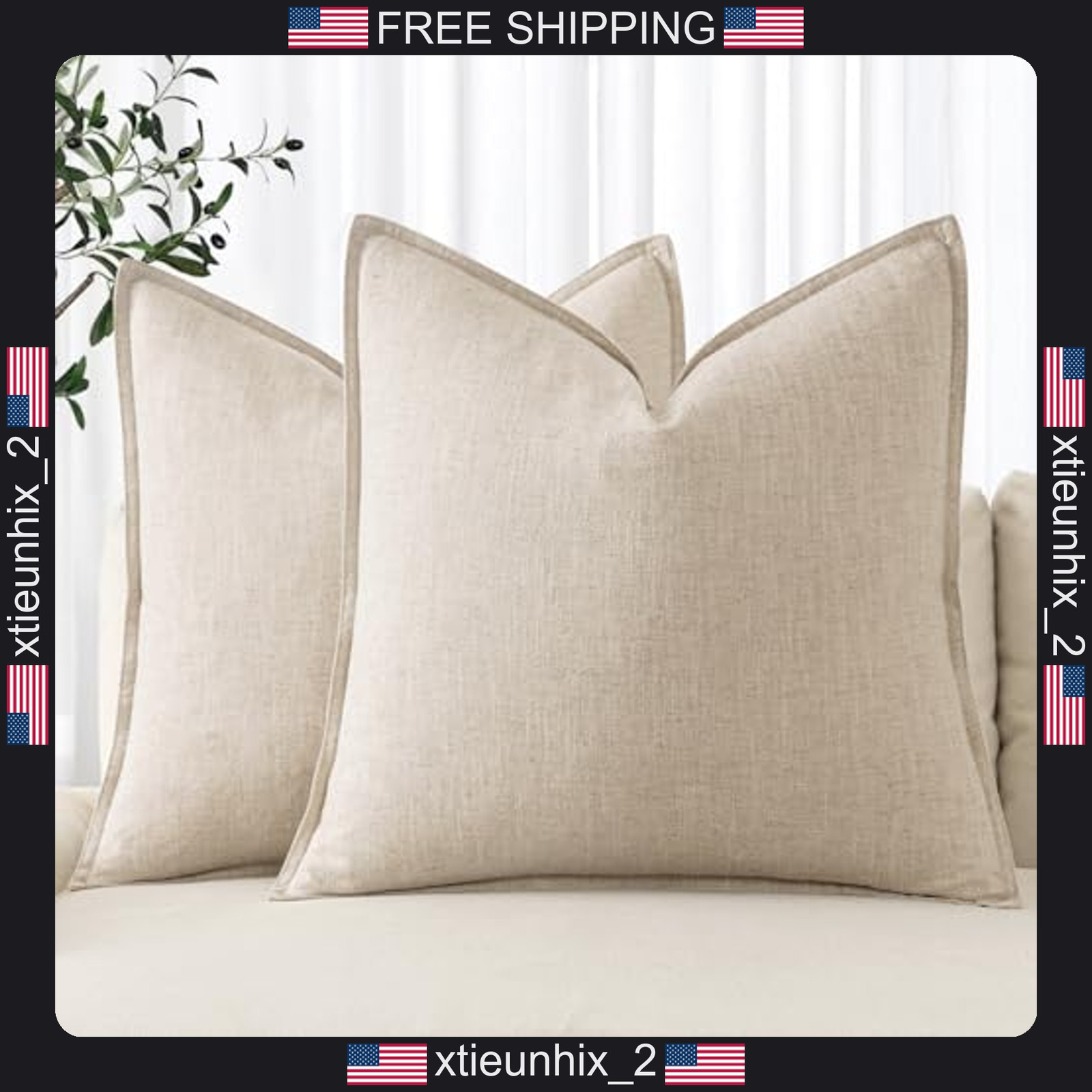 Linen Pillow Covers 20x20 Inch Set of 2 Natural Beige Boho Decor