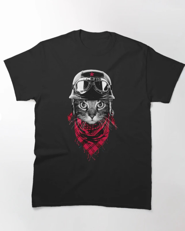 Cat Biker T-Shirt Gildan 5000 Funny Motorcycle Rider Graphic Tee Vintage Helmet 