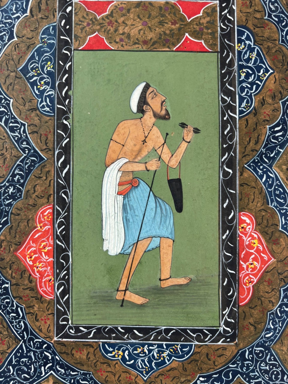 Vintage Indian Miniature Painting Hunter Archer Ornate Floral Border Folk Art