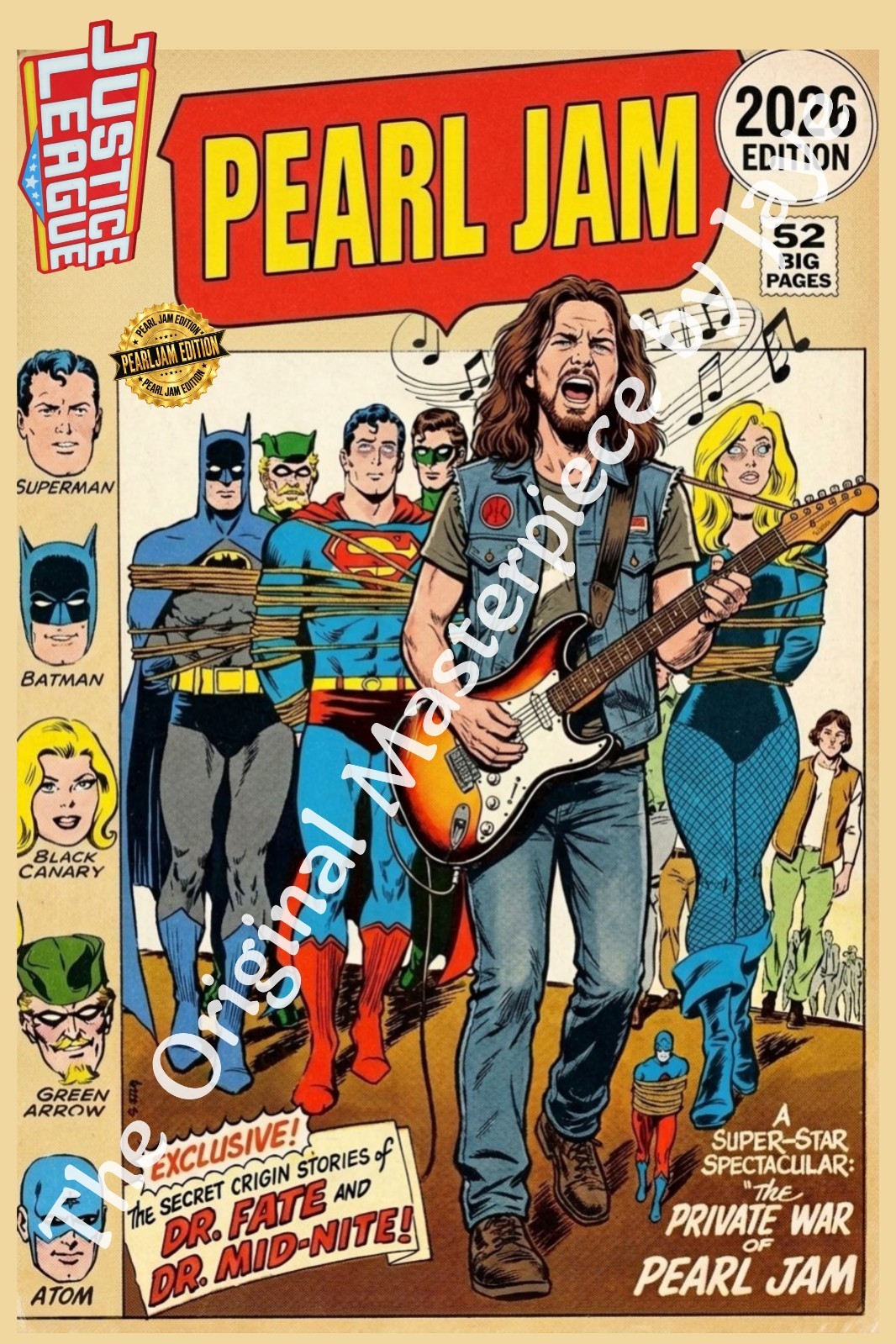Pearl Jam 2026, Justice League by Jaye 14x20 poster.