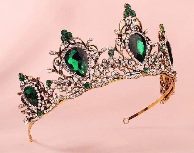 Vintage Green emerald Crown Tiara real metal gift birthday diadem bridal goth