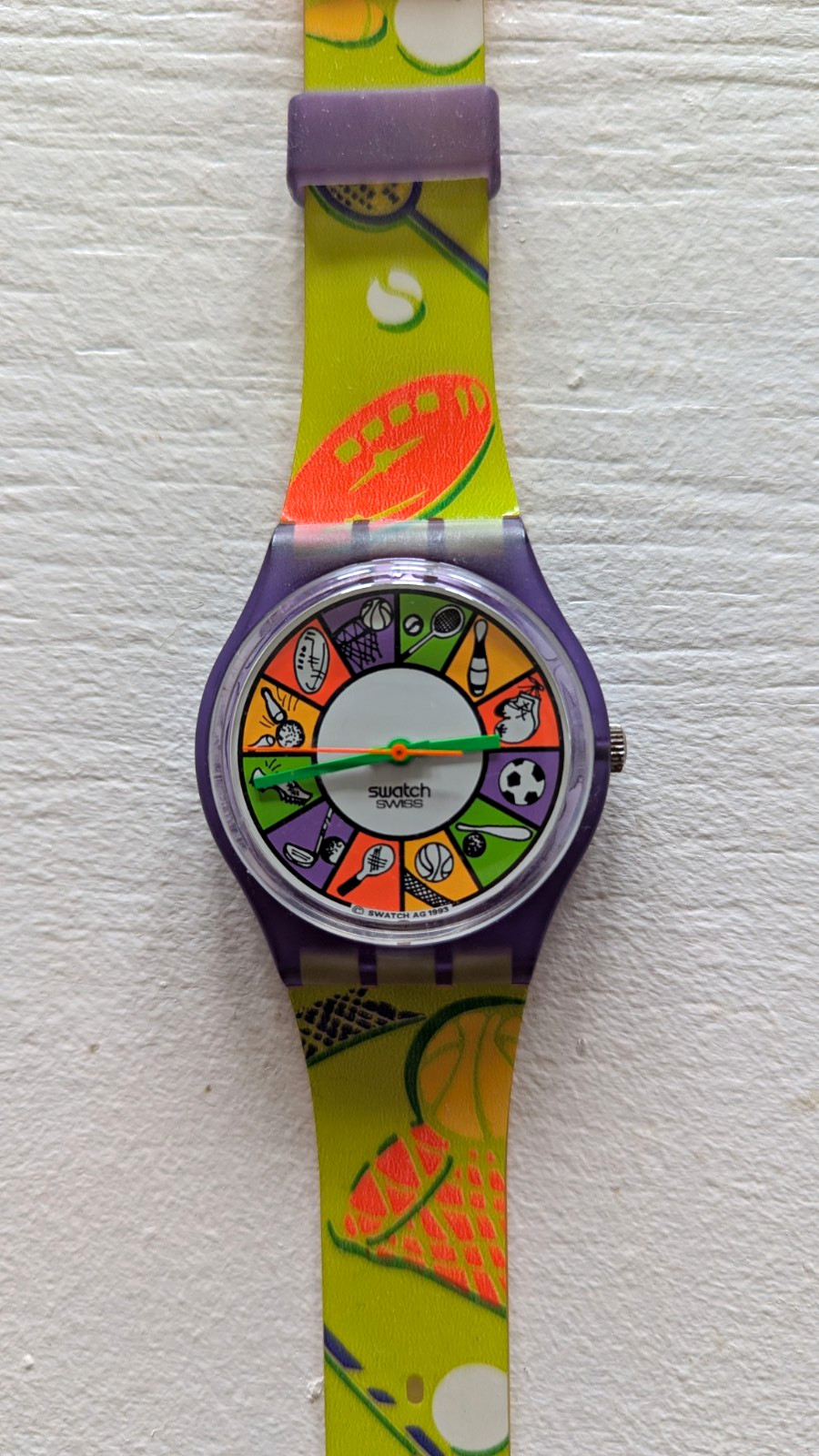 Swatch Swiss Made Sports Theme Quartz Analog Watch Purple Plastic, Box Swatch Swiss Made Sports Theme Quartz Analog Watch Purple Plastic, Box