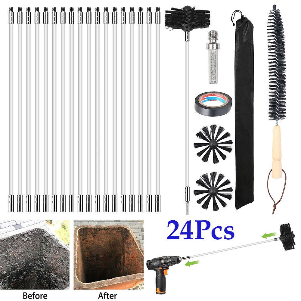 24Pcs NEW Chimney Sweep Set Flue Sweeping Brush & Rod Kit Soot Cleaning Rods US