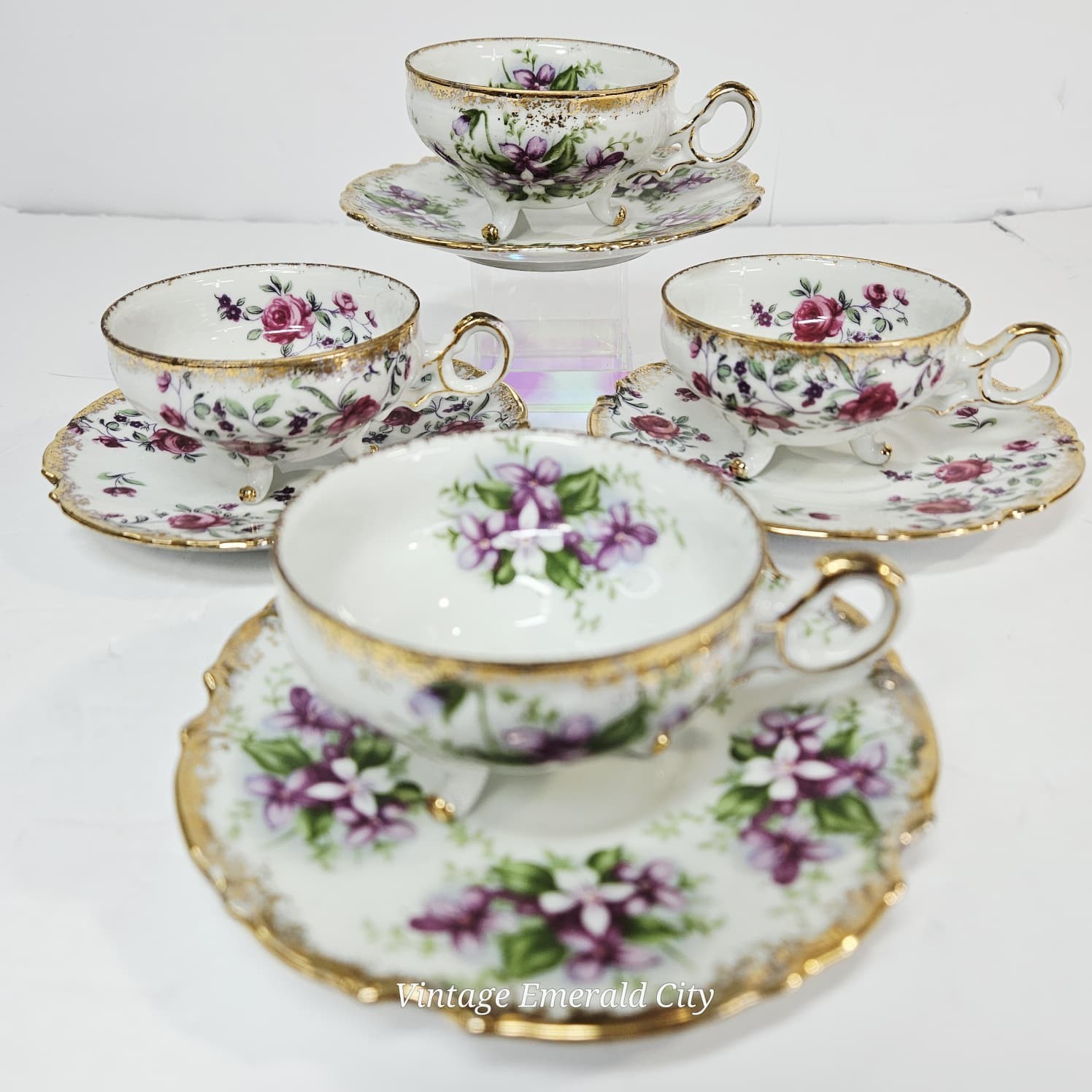 Vtg Royal Sealy Lusterware Floral Footed Demi Tea Cup & Saucer Set of 4 Japan 
