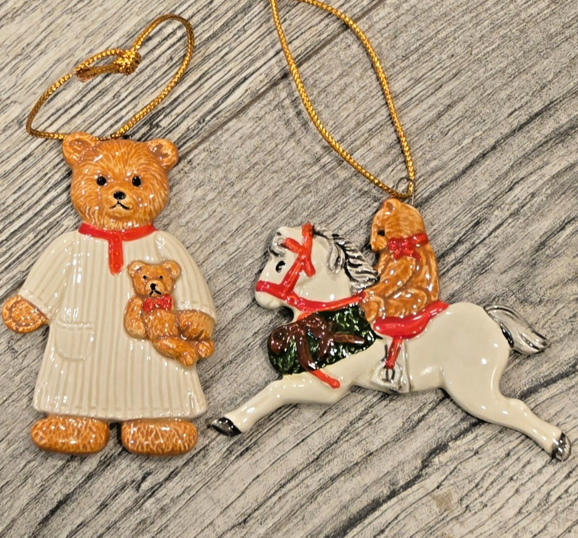 Vintage Schmid teddy bear & rocking horse ornaments porcelain 1980s collectible