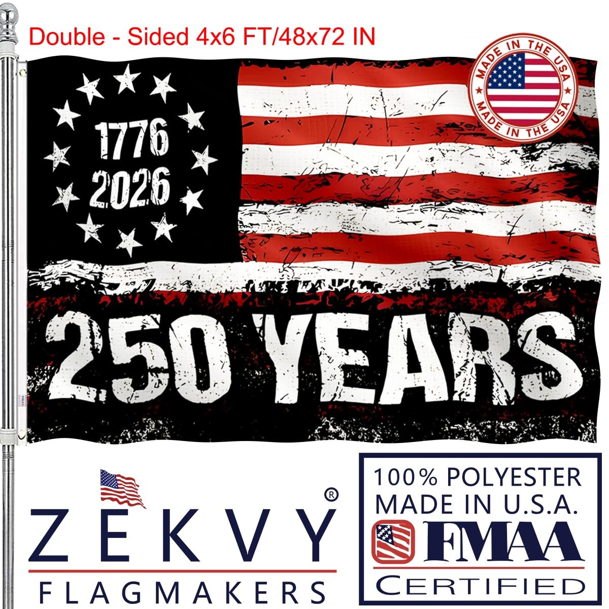 250 Anniversary USA Flag 4x6 Made in USA- Double Sided 3-Ply 250 year american a