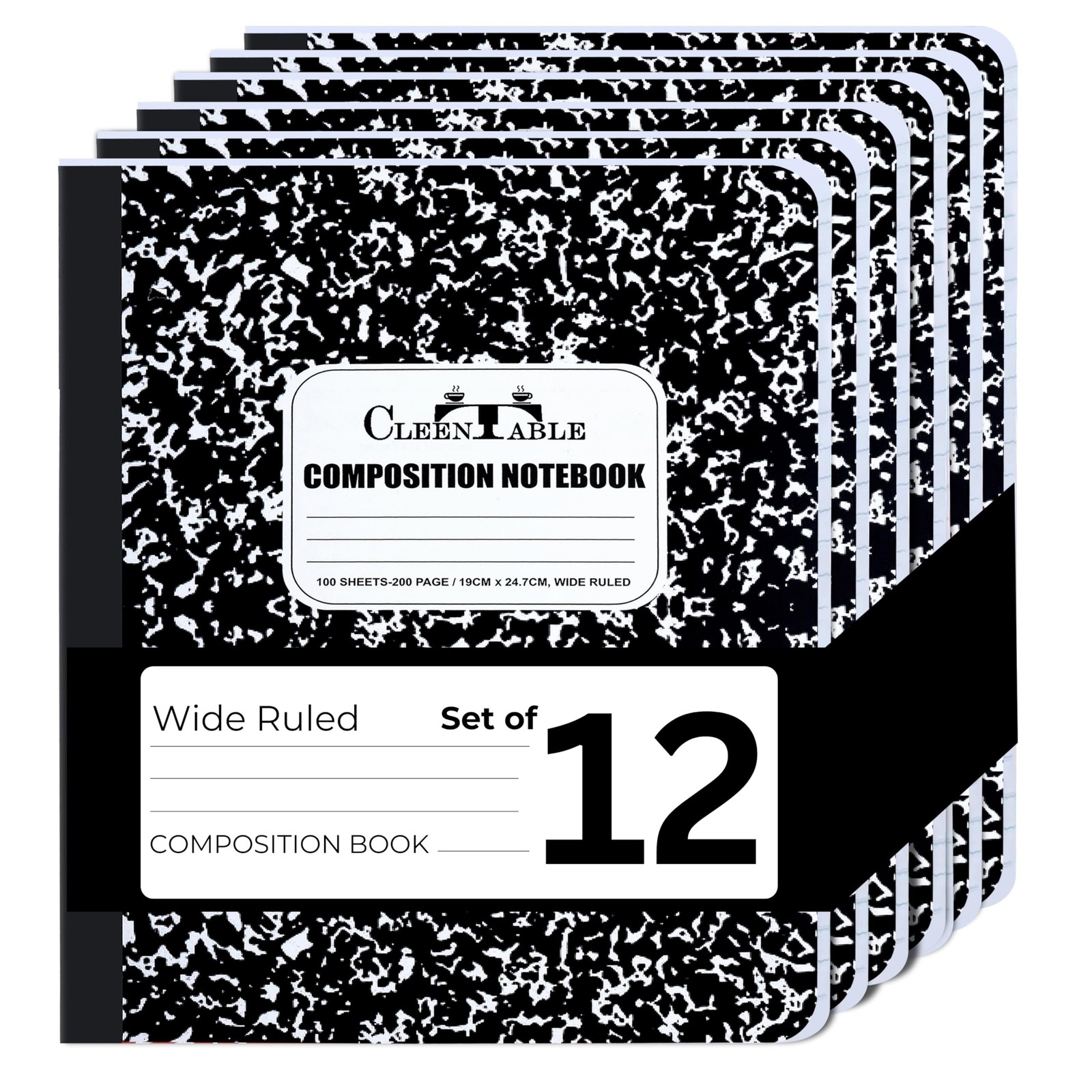 CLEENTABLE Composition Notebook 12 Pack Wide Ruled Black Marble 9.75 x 7.5 Inch CLEENTABLE Composition Notebook 12 Pack Wide Ruled Black Marble 9.75 x 7.5 Inch