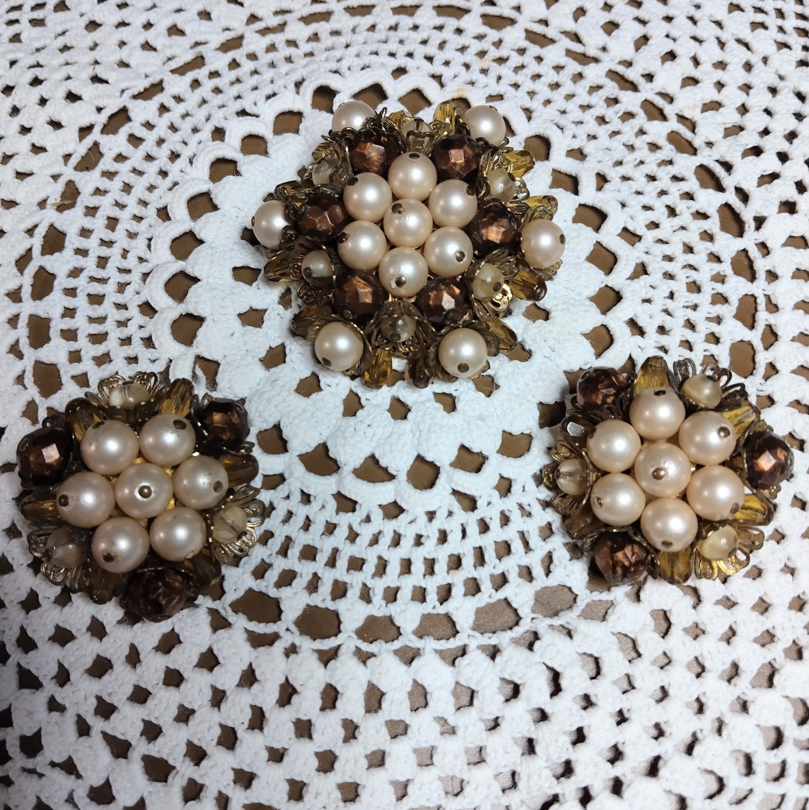 Unsigned Early VTG Brooch & Earrings Wirework Faux Pearls Pierced Handmade Unsigned Early VTG Brooch & Earrings Wirework Faux Pearls Pierced Handmade