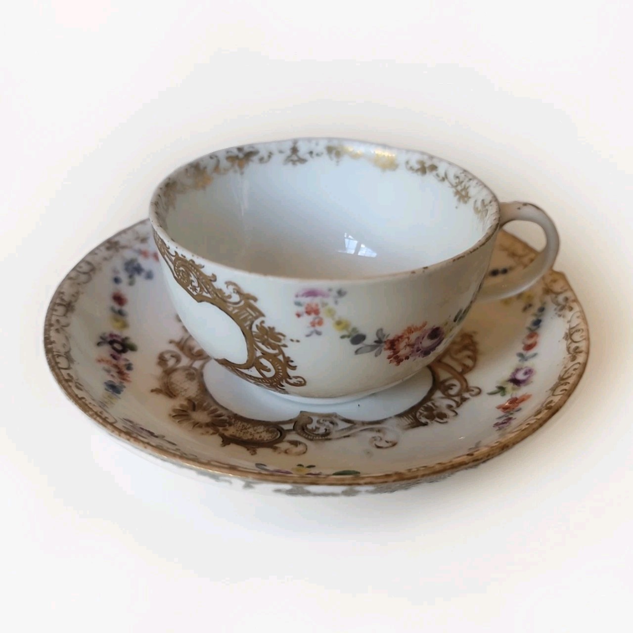 Antique 18th Century Meissen Cup & Saucer Hand Painted Floral Gilt Monogram