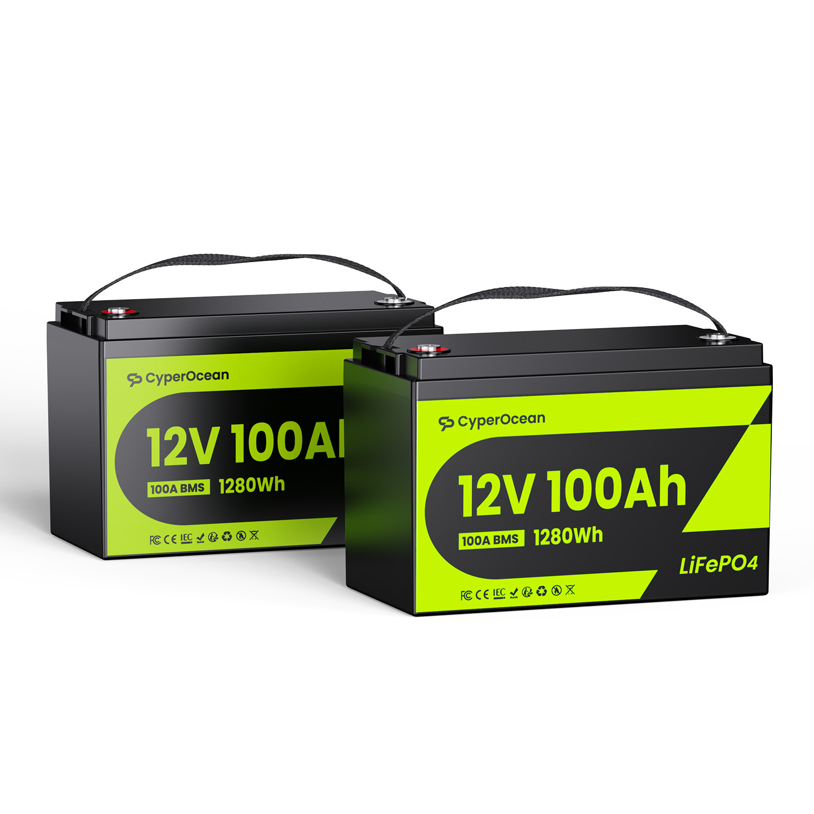2Pcs 12V 100Ah 100A BMS Lithium LiFePO4 Battery Deep Cycles For RV Solar Marine