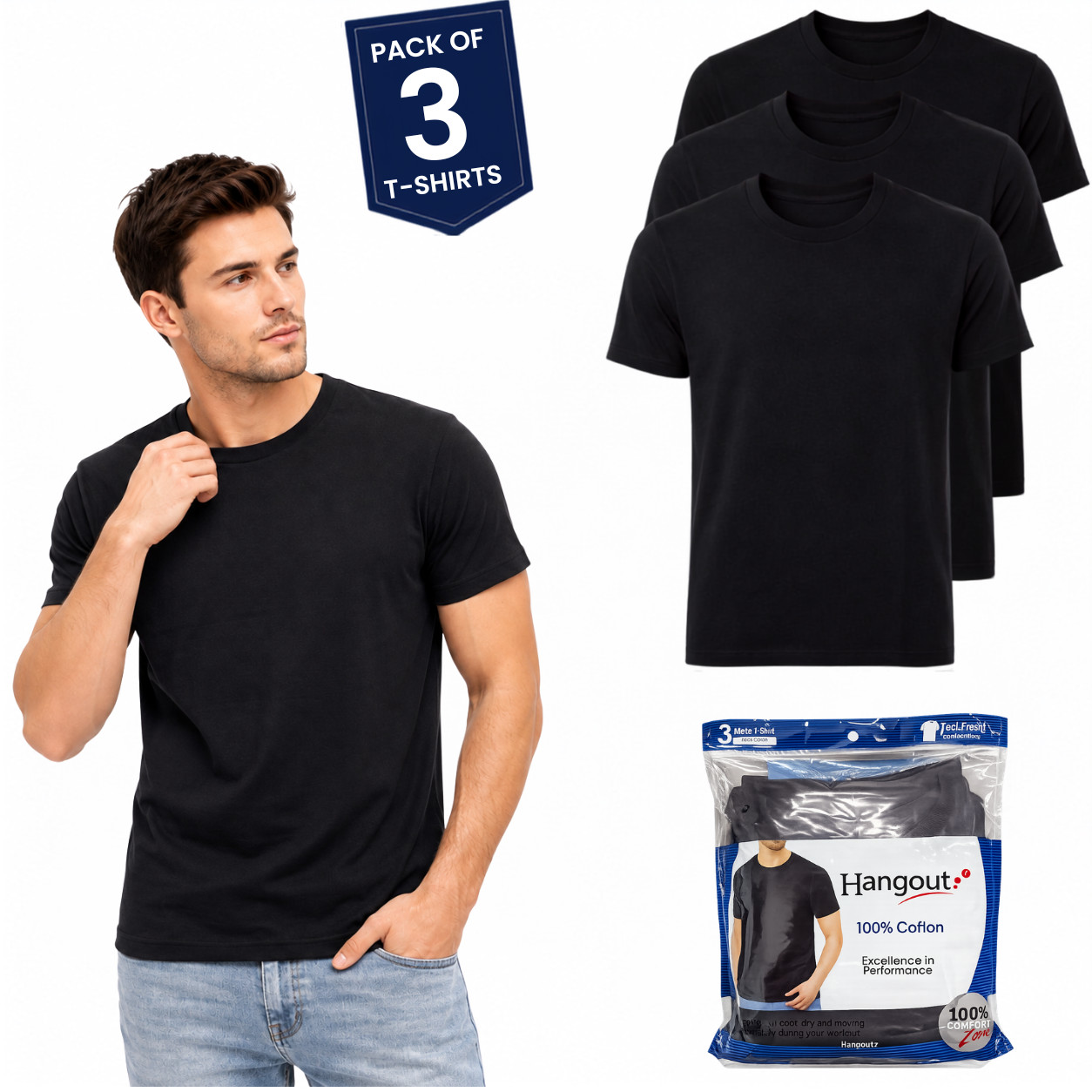 Hangout Men\'s Plain Black Cotton Crew Neck T-Shirts Comfort Fits Pack of 3 S-2XL