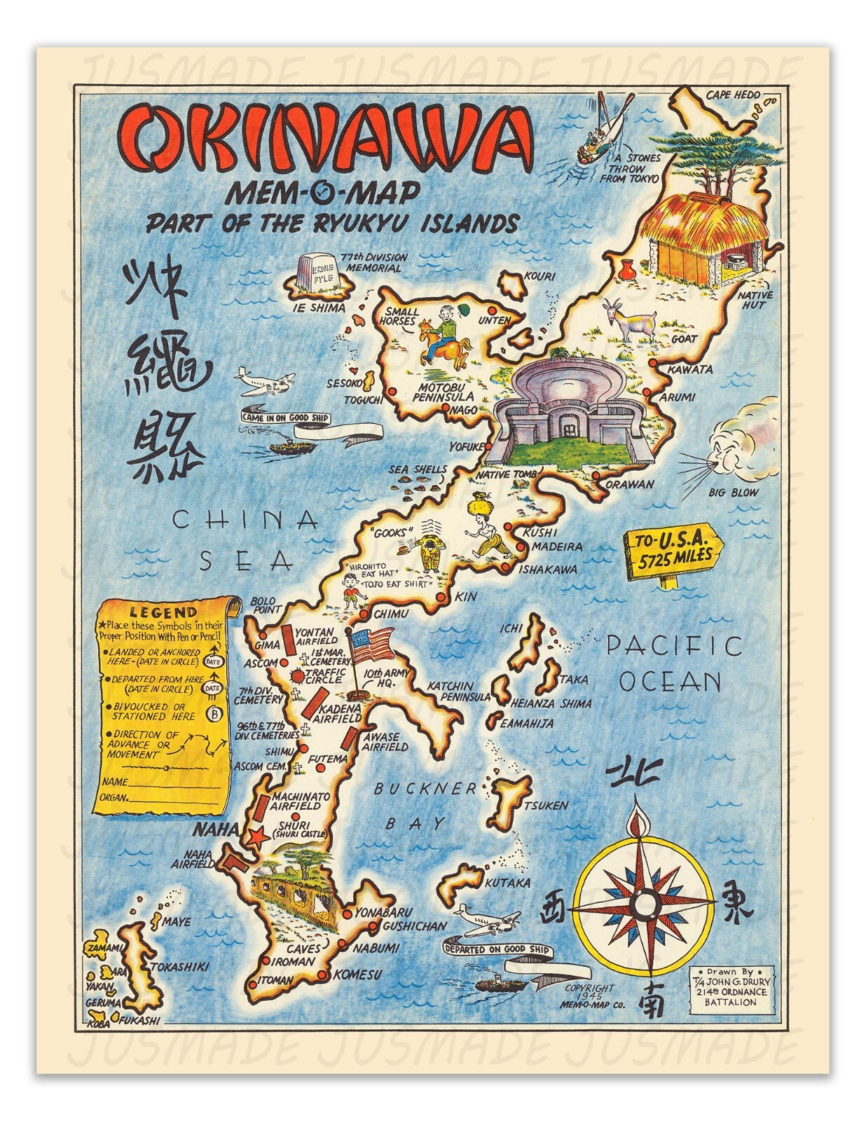 OKINAWA MEM-O-MAP RYUKYU ISLANDS Vintage Pictorial Map 1945 -Unframed- Print