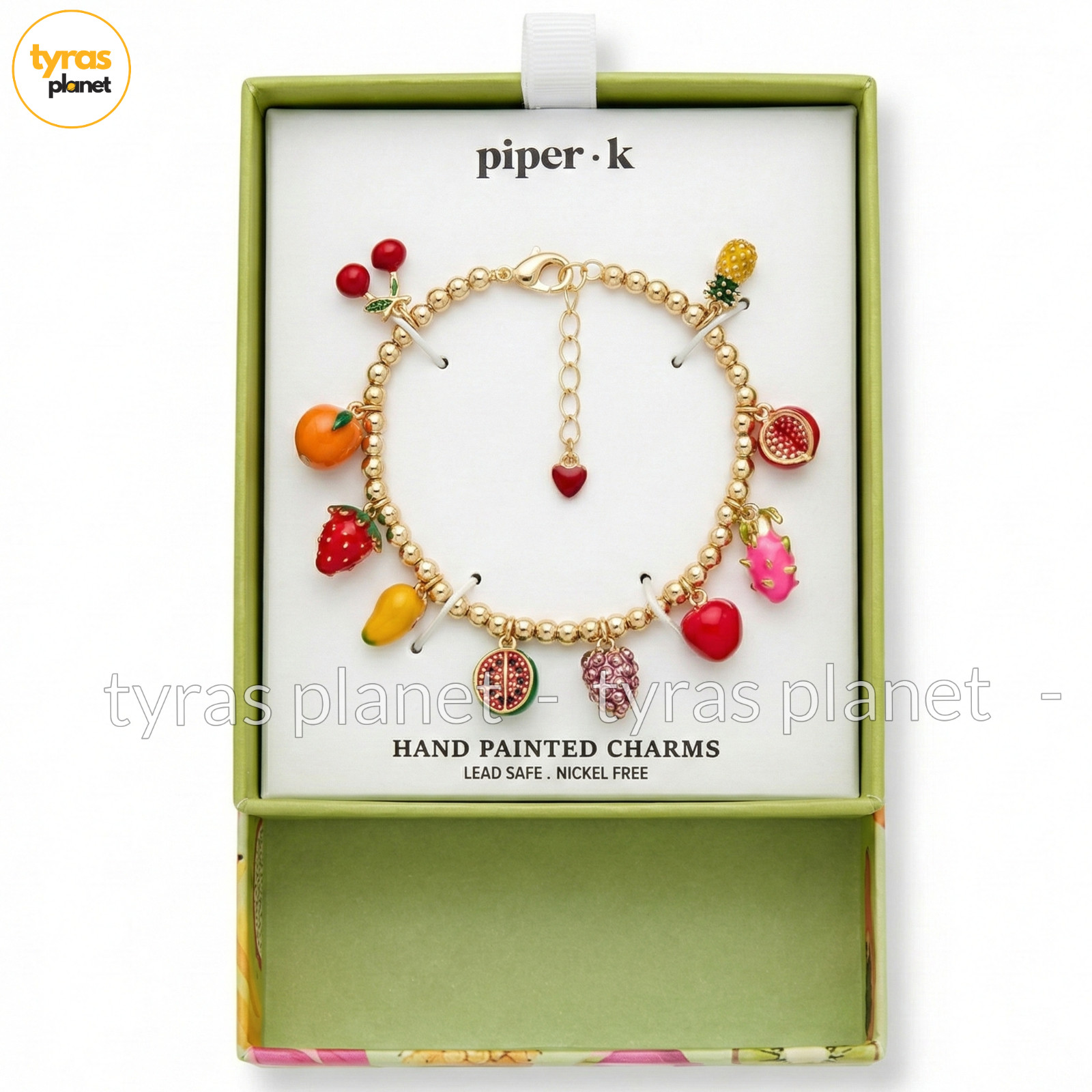 NIB Piper K Hand Painted Multi Fruit Charms Bracelet - Gold cherry, peach mango