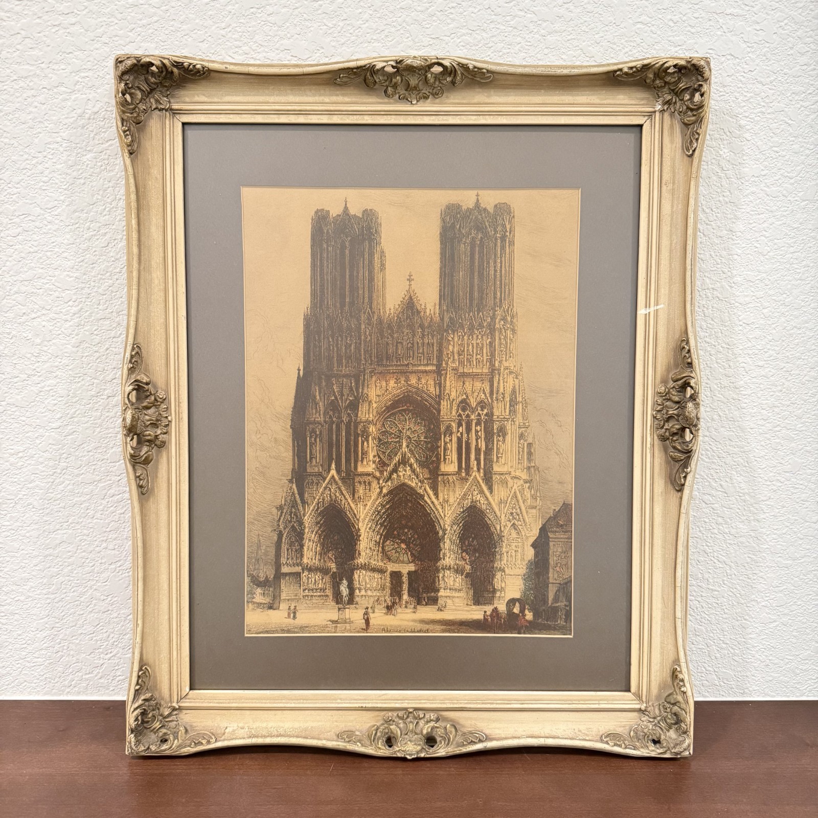 Vintage Antique Rheims Cathedral Etching Print Framed French Gothic Architecture