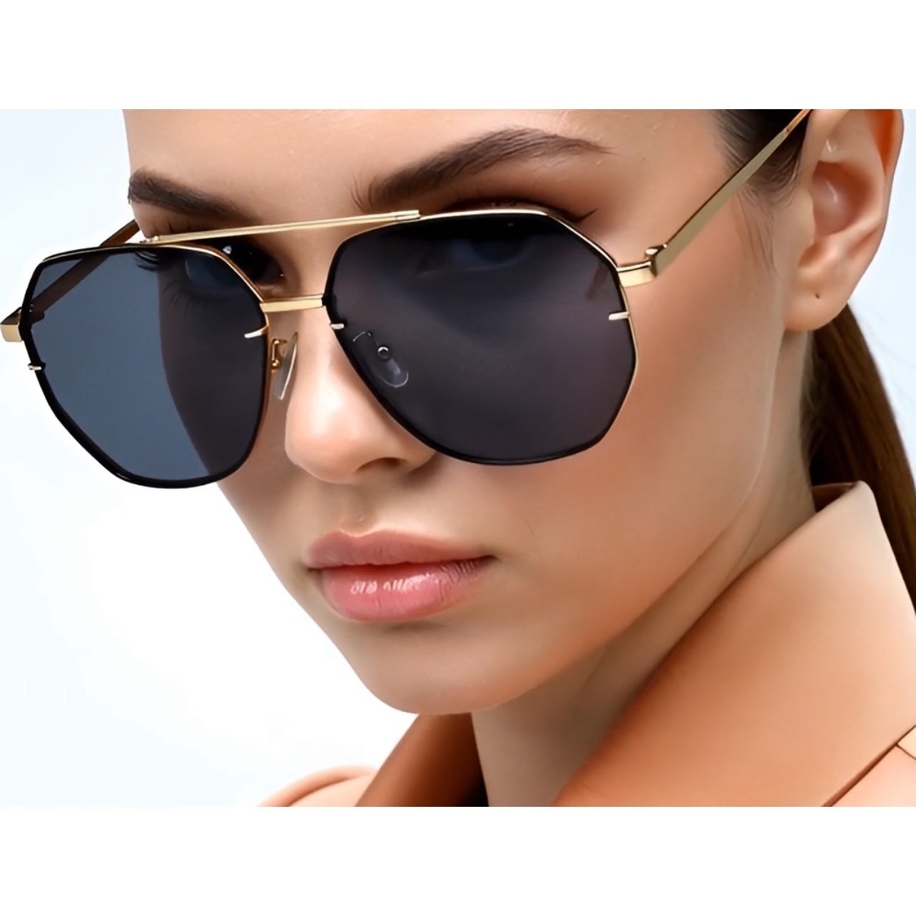 Sunglasses Flat Top Fashion Forward Gold UV400 Protection Dark Black Lens Women