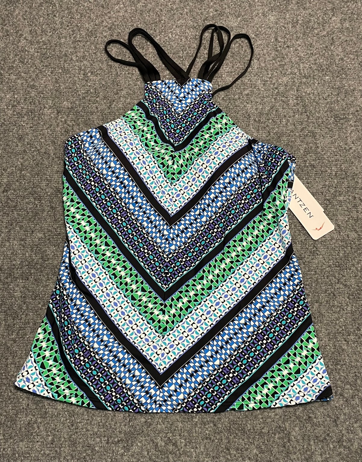 JANTZEN Women\'s Tankini Swim Top Size 6 Geometric Print Strappy Back Swimwear JANTZEN Women\'s Tankini Swim Top Size 6 Geometric Print Strappy Back Swimwear