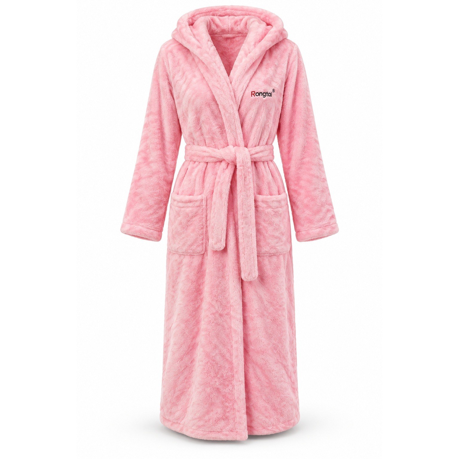 Rongtai Women\'s Plush Hooded Bathrobe – Light Pink, Tie Belt & Pockets