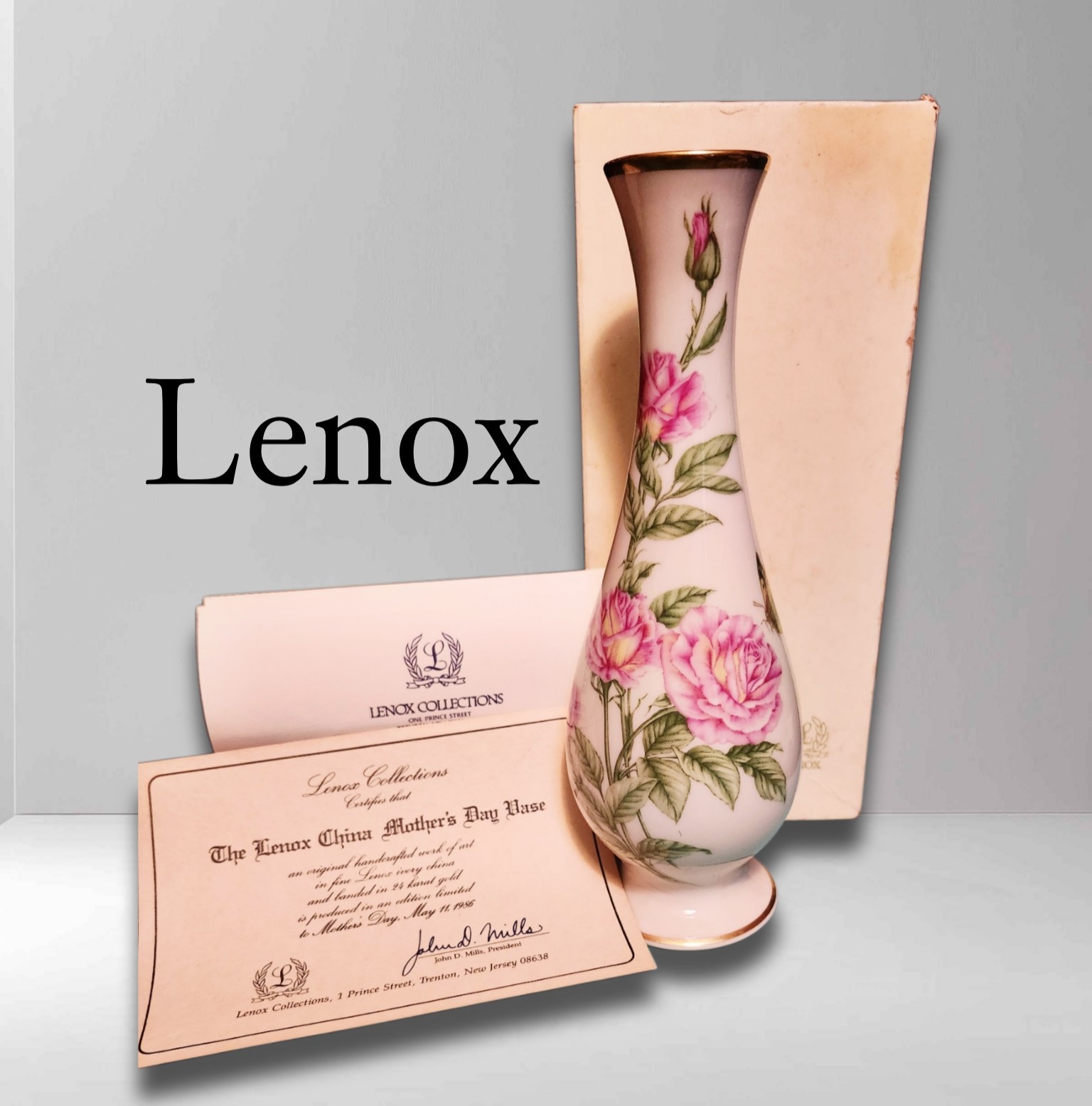 Lenox Bone China Vase roses 1986 Vintage collectible w box and paperwork 