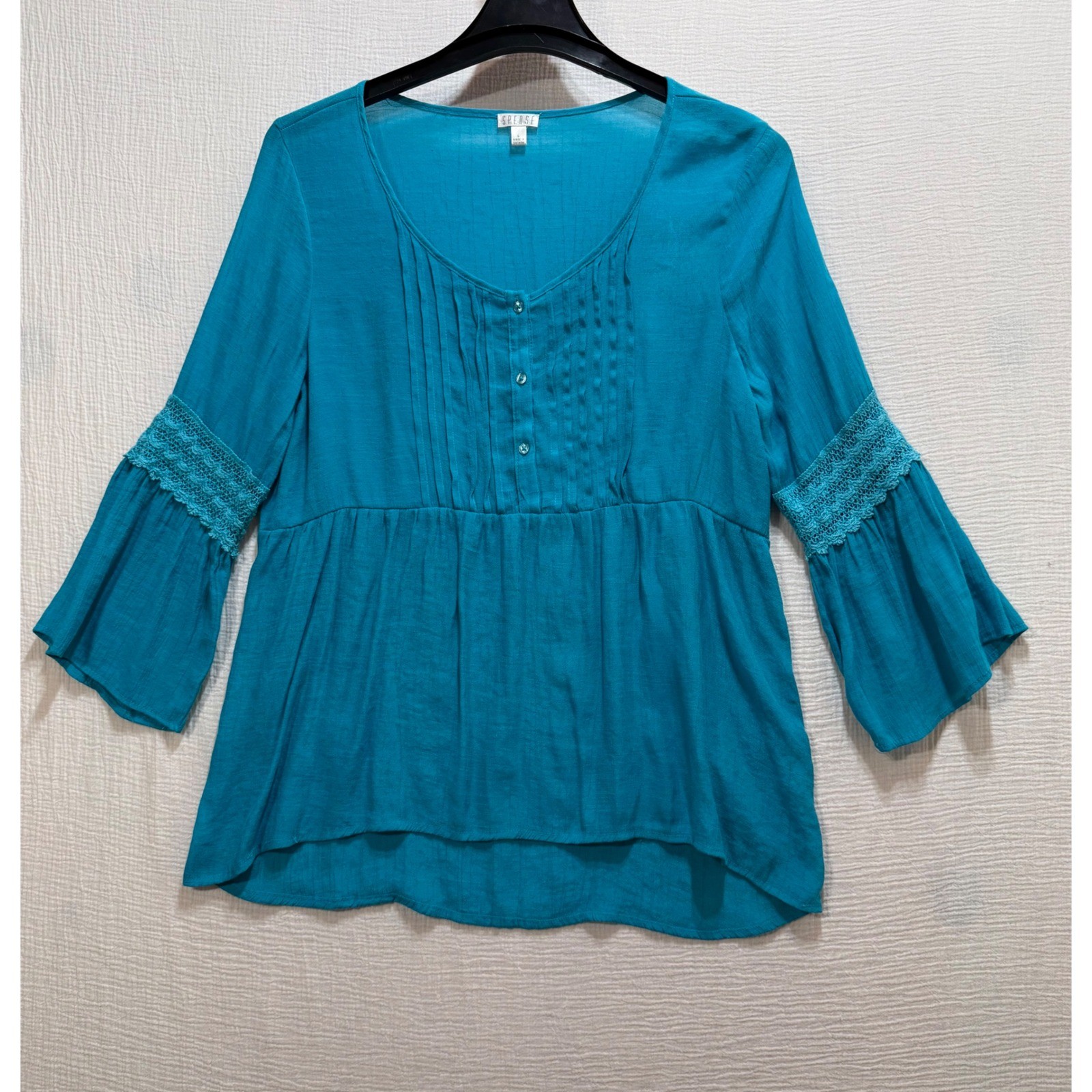Spense Bell Sleeve Blouse Womens L Teal Blue Boho Pintuck Crochet Cottagecore