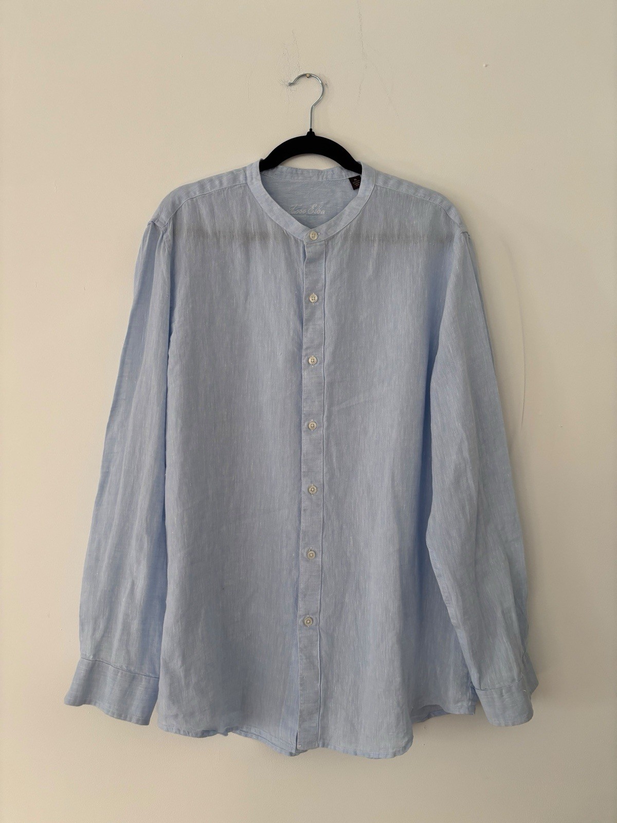 Tasso Elba Men\'s 100% Linen Band Collar Long Sleeve Shirt Light Blue XL