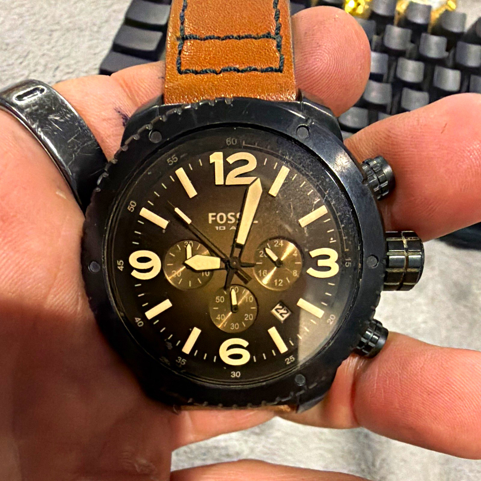 Fossil Men's Chronograph Quartz Date Black Dial 51mm SS Brown Leather 100m Fossil Men's Chronograph Quartz Date Black Dial 51mm SS Brown Leather 100m