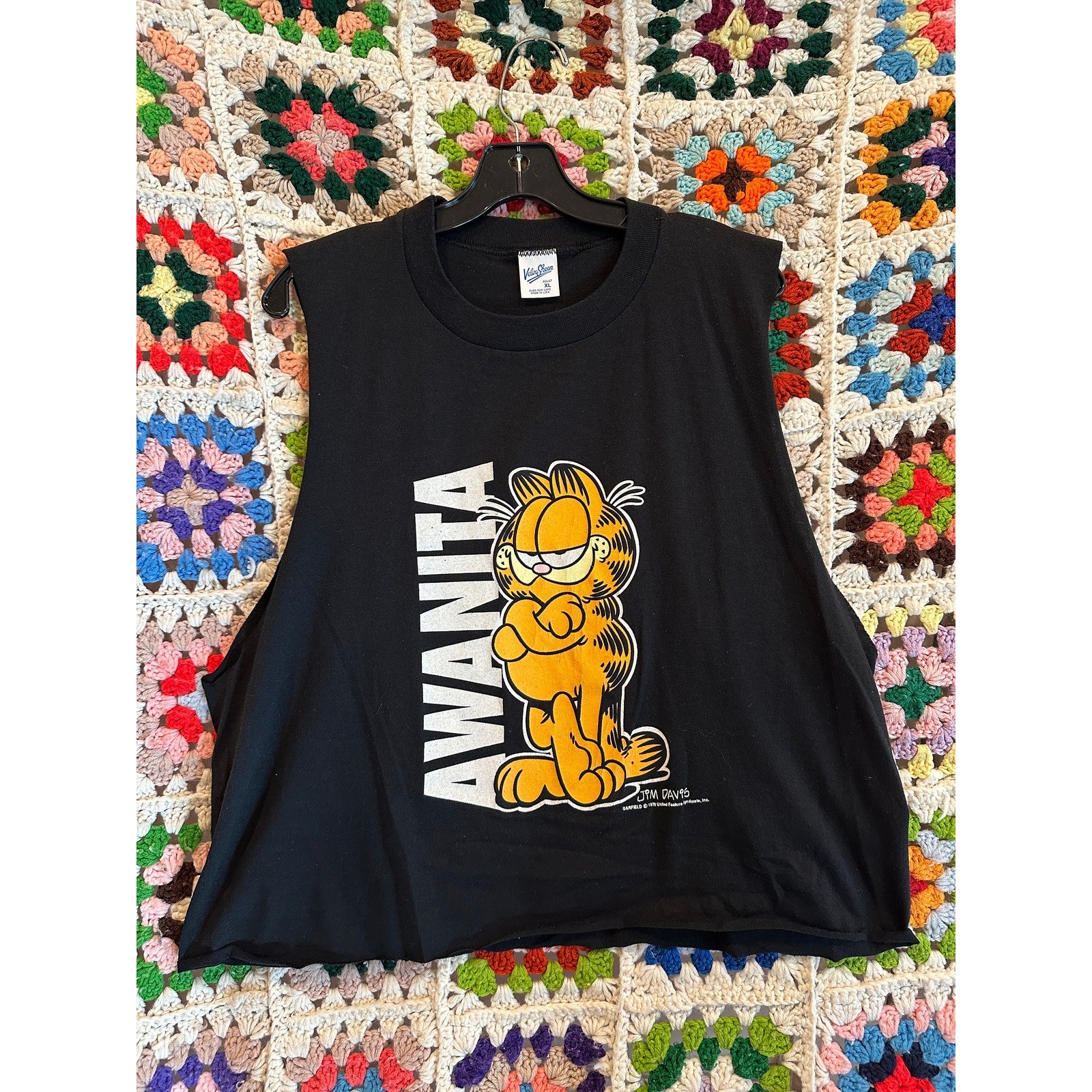 Vintage 90s Velva Sheen Garfield Awanita Crop Top Muscle Tee Black XL