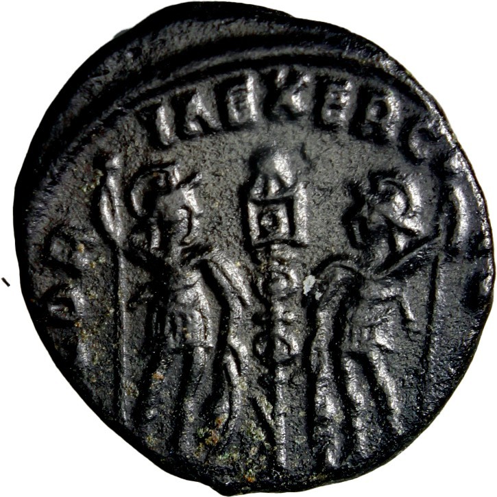 Constans, as Caesar, BI Nummus. Siscia, AD 335-336. Gloria Soldiers Banners Coin