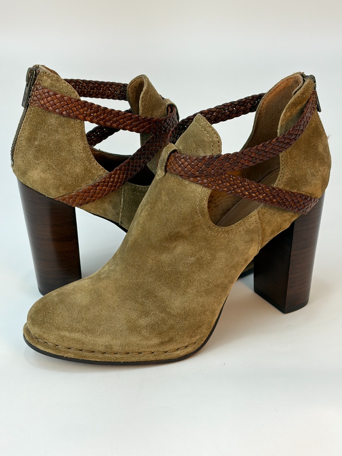FRYE Size 11 Olive Green Suede Braided Ankle Boots Block Heel Boho Western