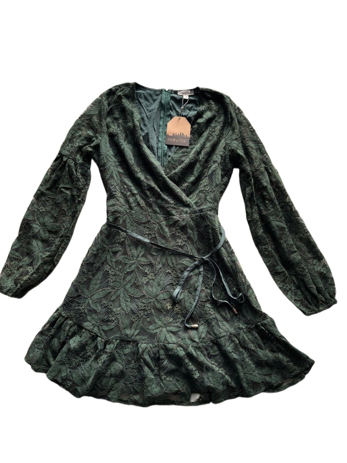 Main Strip Green Floral Lace Wrap Mini Dress Womens S Long Sleeve Ruffle NWT Main Strip Green Floral Lace Wrap Mini Dress Womens S Long Sleeve Ruffle NWT